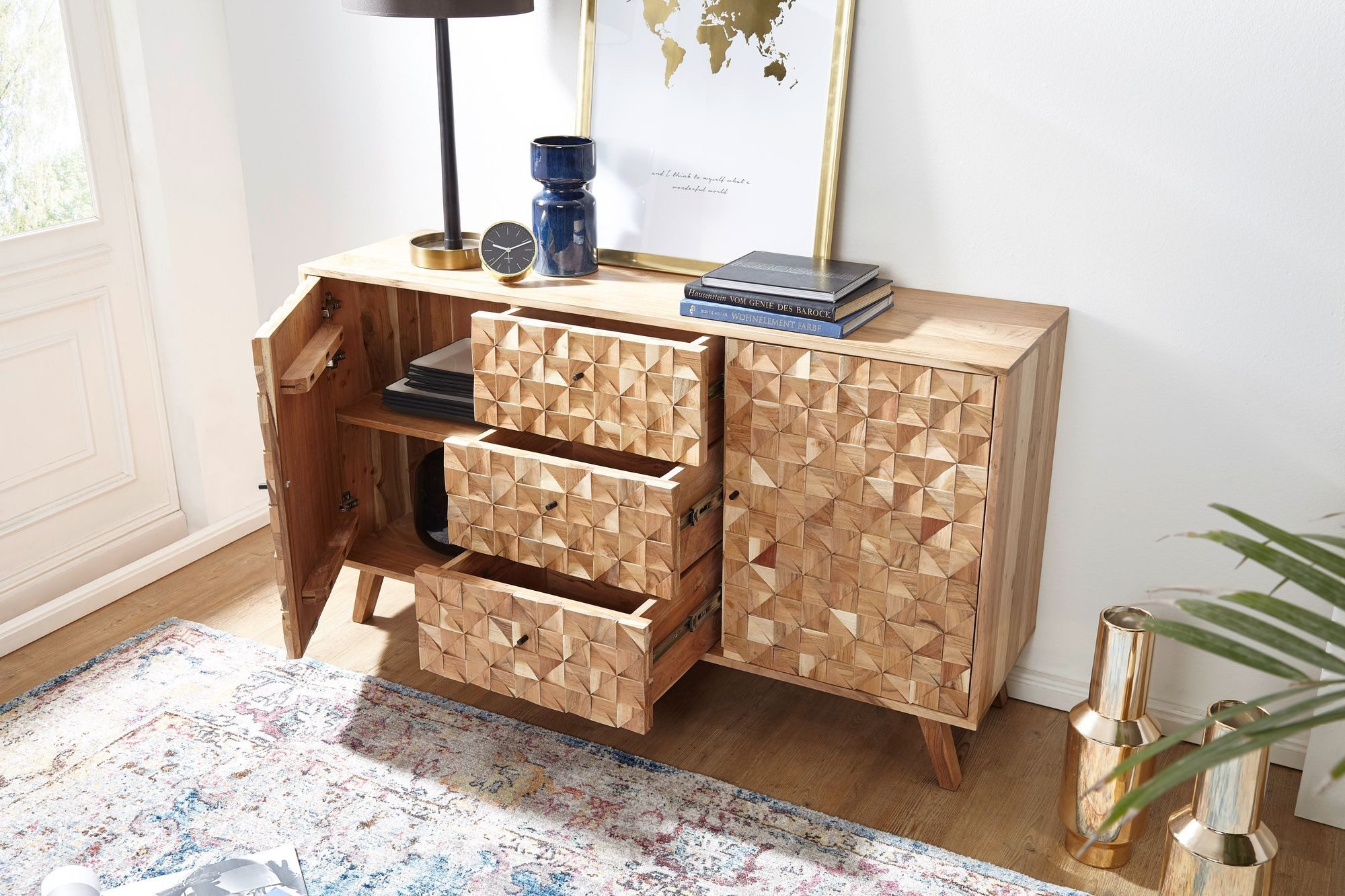 FINEBUY Sideboard FB50972 Massivholz 140cm 2 Türen 3 Schubladen Retro Kommode Schrank (Akazie Massivholz 140x78,5x40 cm Kommode Modern), Anrichte Groß, Schrank mit 2 Türen & 3 Schubladen