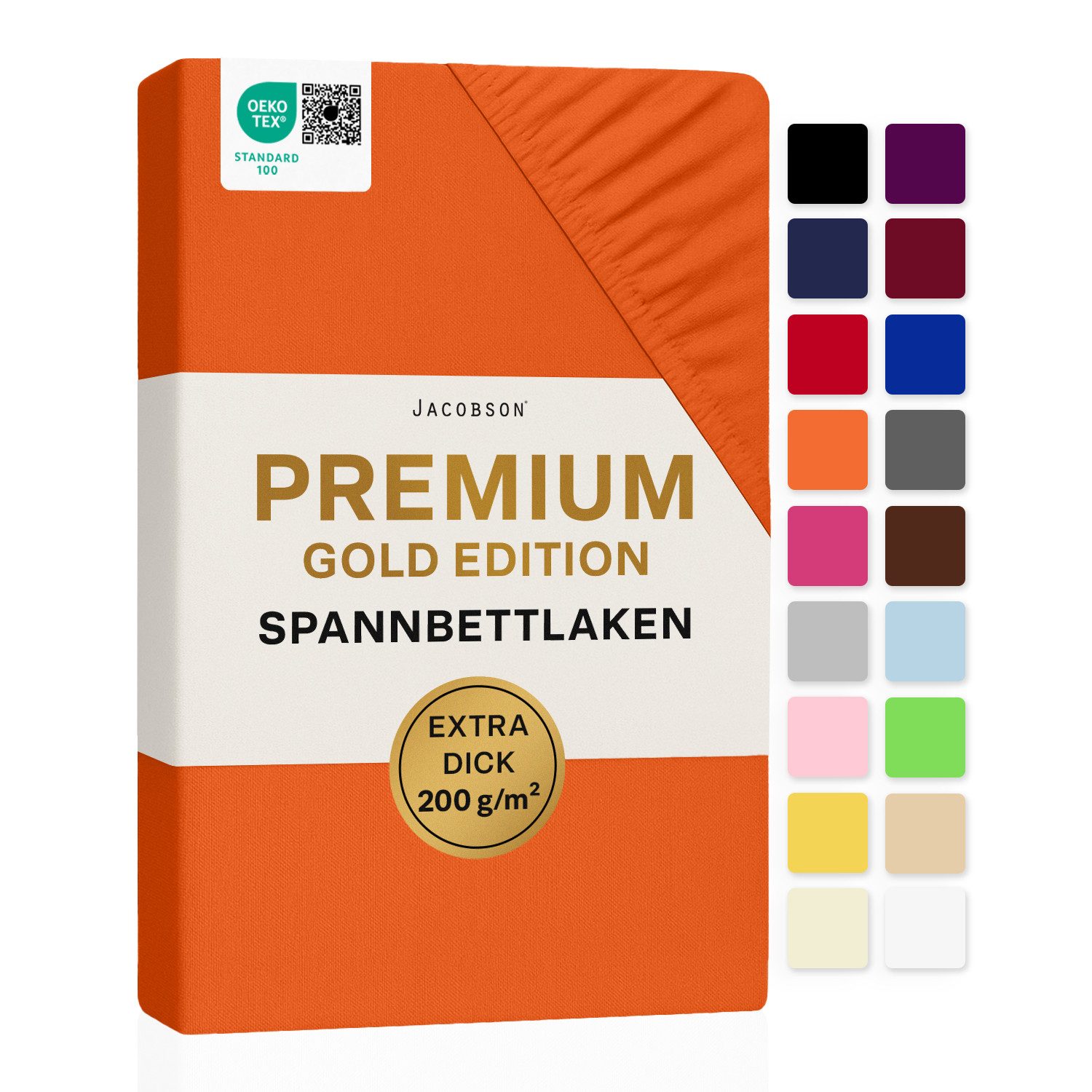 Jacobson Spannbettlaken PREMIUM 200 g/m² Jersey aus 97% Baumwolle & 3% Elasthan, Extra dichtes Bettlaken mit maximalem Halt
