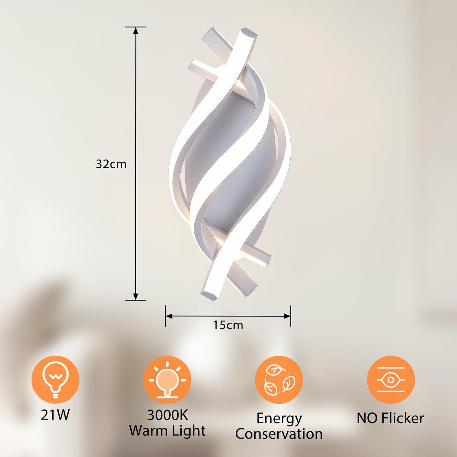 BlingBin LED Wandleuchte Warmweiß Wandlampe 32cm Innen 21W 3360LM Wandbeleuchtung 3000K, LED fest integriert, Warmweiß, mit zusätzlichem Lichtring am Baldachin – Bild 3 von 5