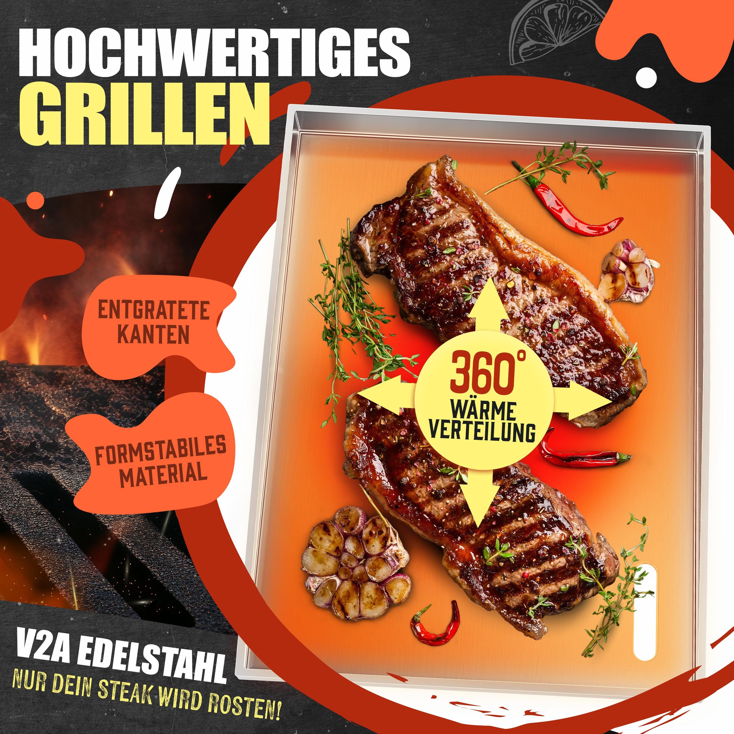 KESSER Grillplatte Plancha aus Edelstahl hitzebeständig bis 800°C (inklusive 2 Spatel, Grillschürze, Grillmatte & Rezeptbuch), Grill Platte für Gas- & Holzkohlegrill mit Fettablauf & Anti-Stick