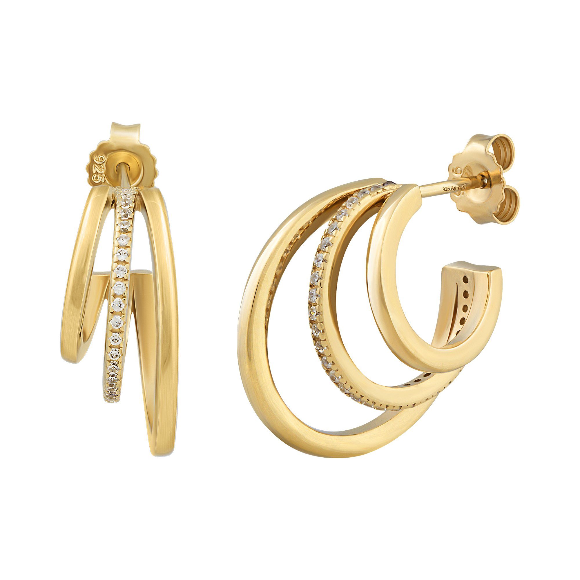 CAÏ Paar Creolen 925 Silber vergoldet Triple Design mit Zirkonia | Creolen
