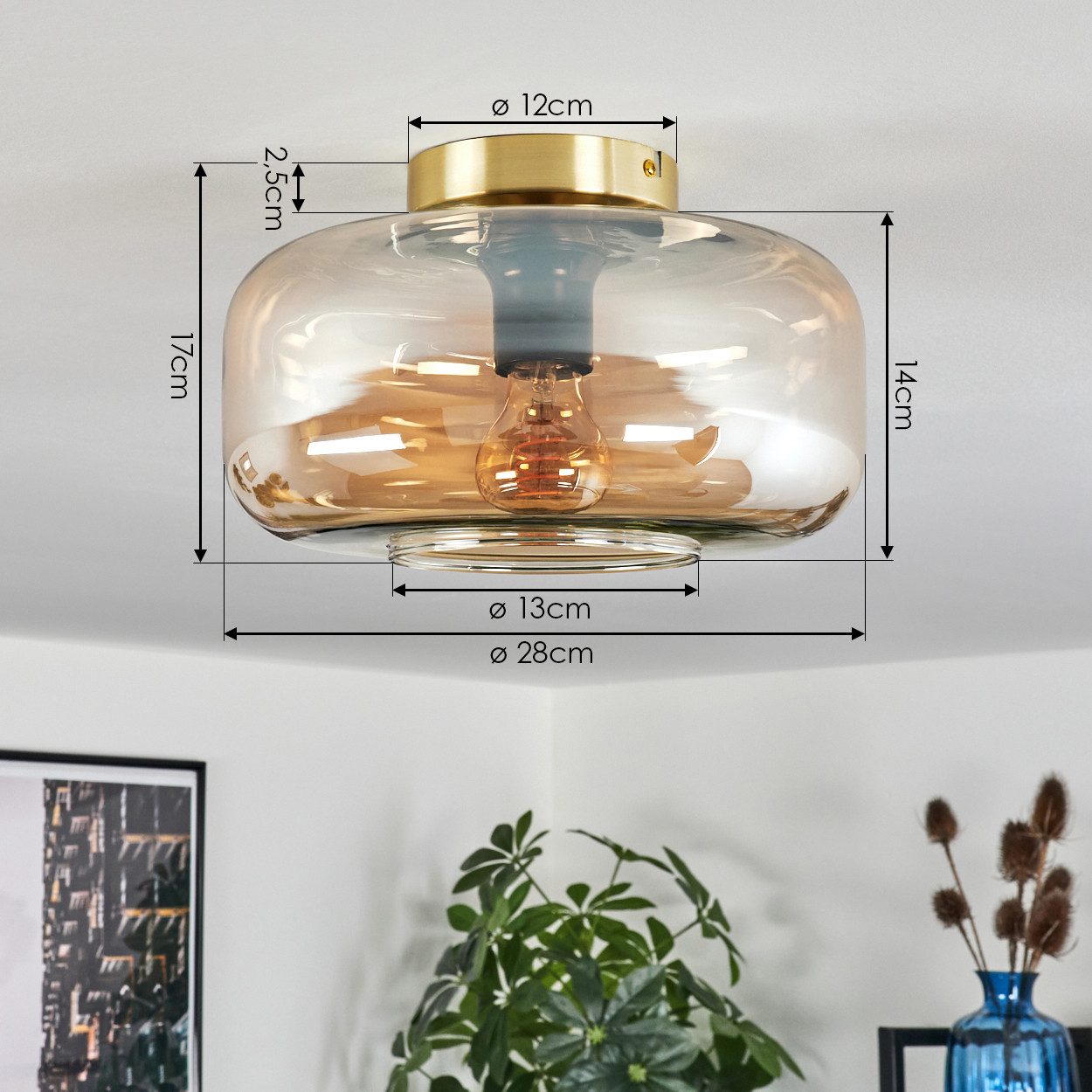 hofstein Deckenleuchte Deckenlampe aus Metall/Glas in Messingfarben/Bernsteinfarben/Klar, ohne Leuchtmittel, Vintage-Design mit Glasschirm (28 cm), 1 x E27, ohn – Bild 4 von 5