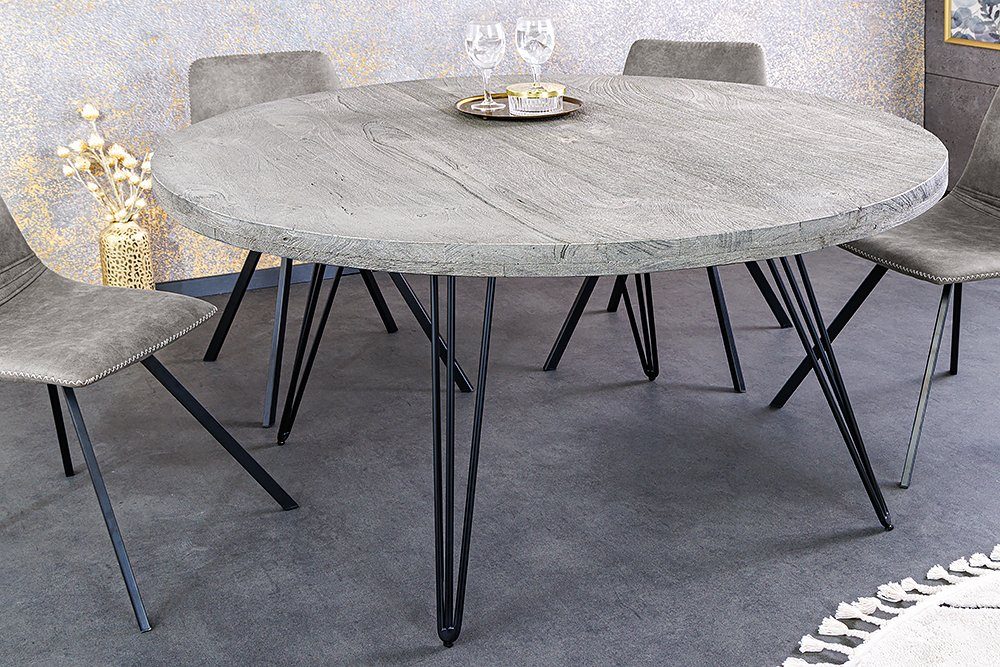 riess-ambiente Esstisch SCORPION grau · schwarz Legs Küche 1-St), Metall Ø120cm grau · · Tischplatte rund Design · · Hairpin grau · | Mango-Massivholz Retro 4,5cm (Einzelartikel, 