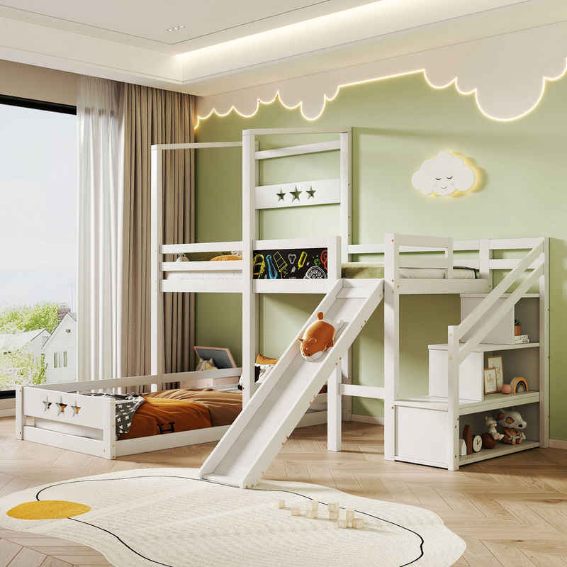 BlingBin Etagenbett Kinderbett (1-St., Holzbett für Kinder 2x Lattenrost mit Rausfallschutz), Treppe mit Stauraum, mit Tafel und Rutsche, 90x200 cm
