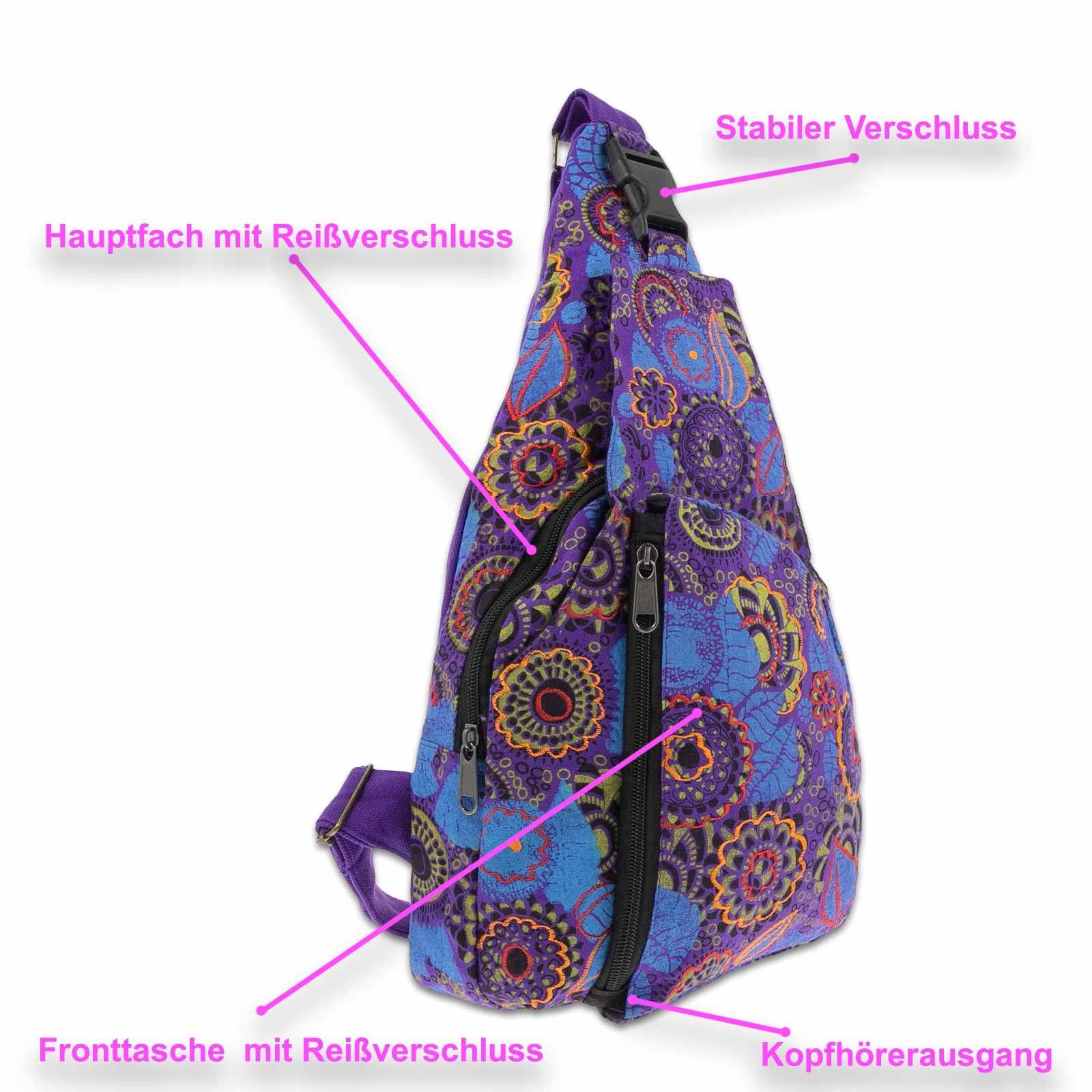 Umhängetasche KUNST Rucksack / Schultertasche Purple M crossbody Bodybag Bunt UND MAGIE Bag Sling Hippie Lila