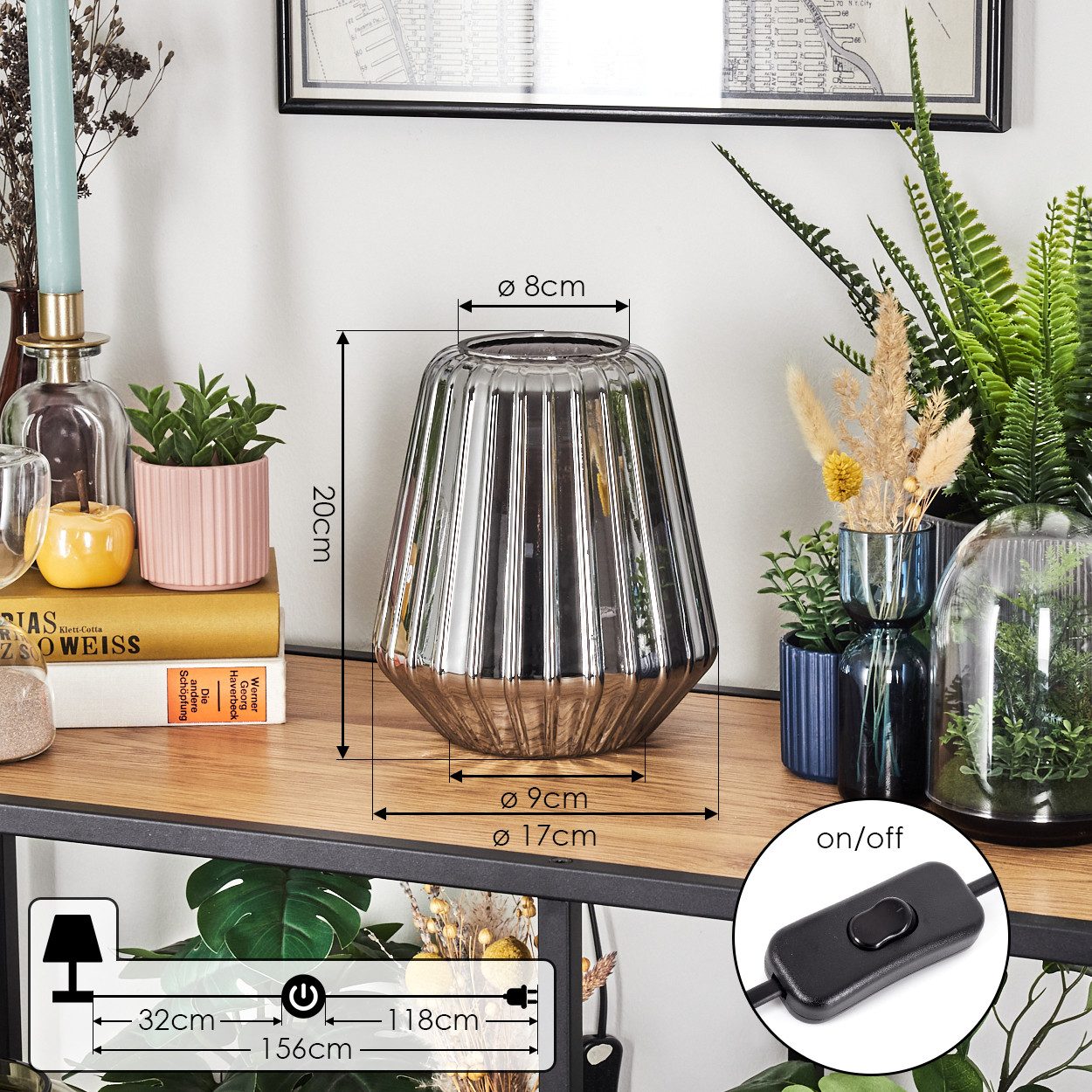 hofstein Tischleuchte Tischlampe aus Metall/Glas in Chrom/Rauch/Schwarz, ohne Leuchtmittel, Glasschirm (17cm), An/-Auschalter am Kabel, 1x E27, ohne Leuchtmittel