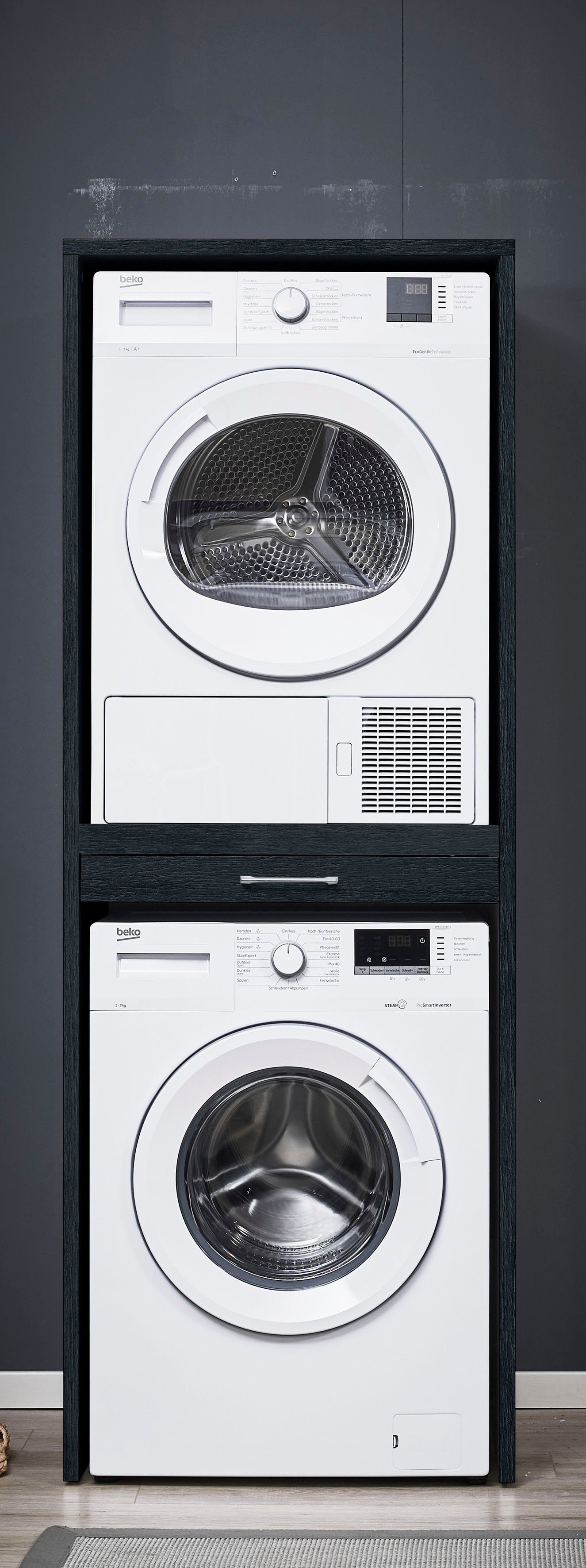 | Washtower Waschmaschinenumbauschrank Struktur WASHTOWER schwarz mit Eiche schwarz