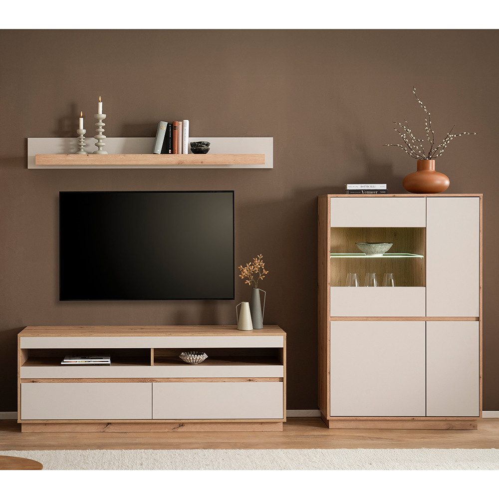 Lomadox Wohnzimmer-Set SITTEN-61, (Mega-Spar-Set, 3-St., Vitrine inkl. Beleuchtung Lowboard Wandboard), Eiche mit Kaschmir Beige, inkl. Beleuchtung, Türen mit Softclose