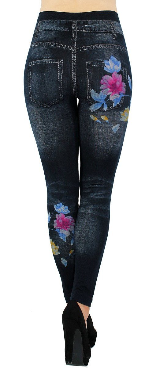 dy_mode Jeggings High Jeggings Jeansleggings mit Bund Bequem Optik in Waist Leggings Damen elastischem JL414-SpringFlowersBLACK Jeans