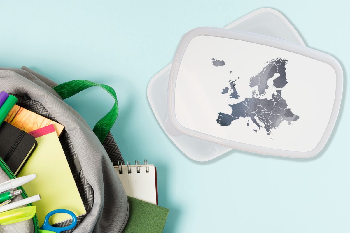 MuchoWow Lunchbox Karte - Europa Jungs für (2-tlg), Brotbox und und Mädchen für Erwachsene, Kunststoff, Brotdose, - Kinder Aquarell, weiß