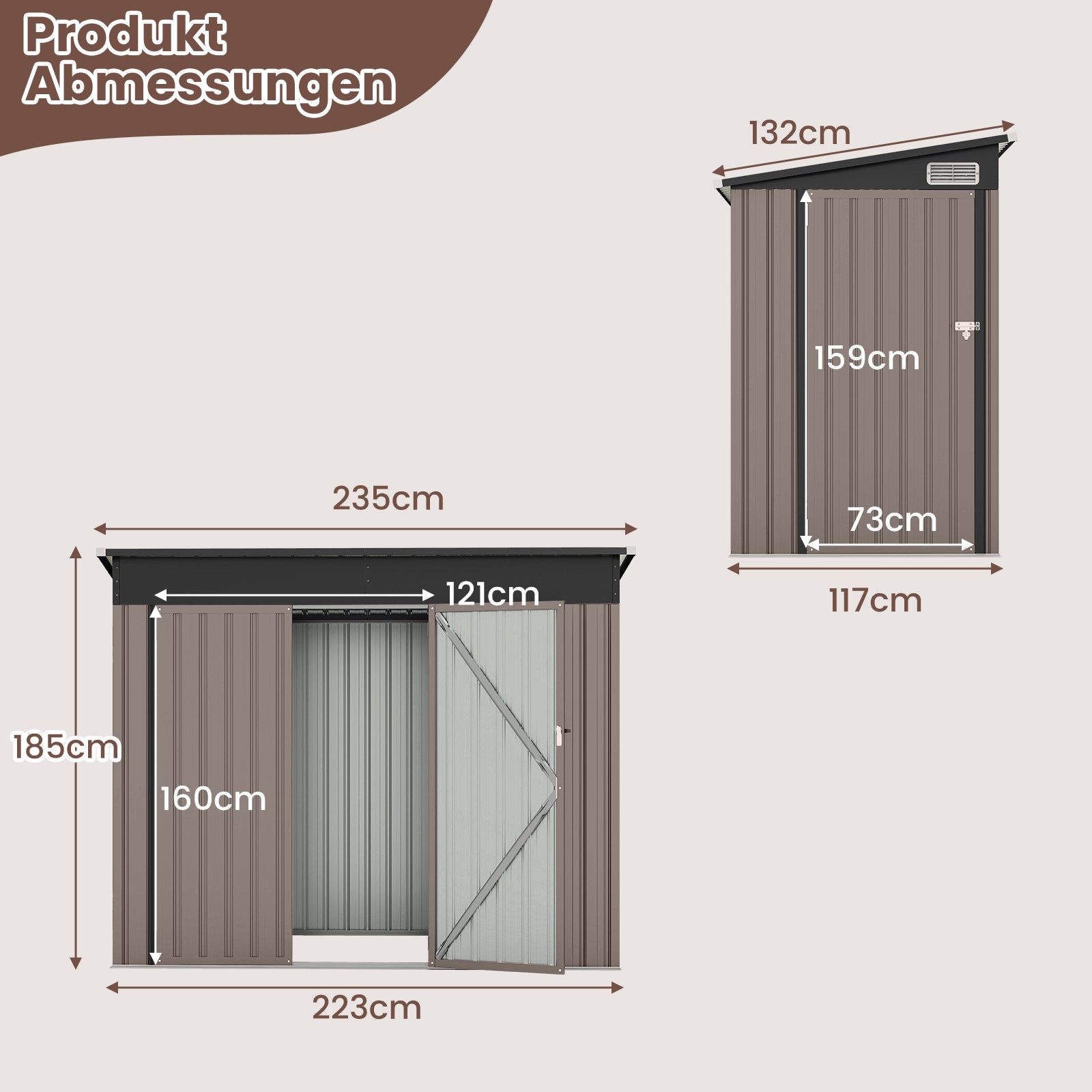 COSTWAY Gerätehaus, BxT: 223x117 cm, (1 St), Gartenhaus, mit Vordertür & Seitentür & Pultdach