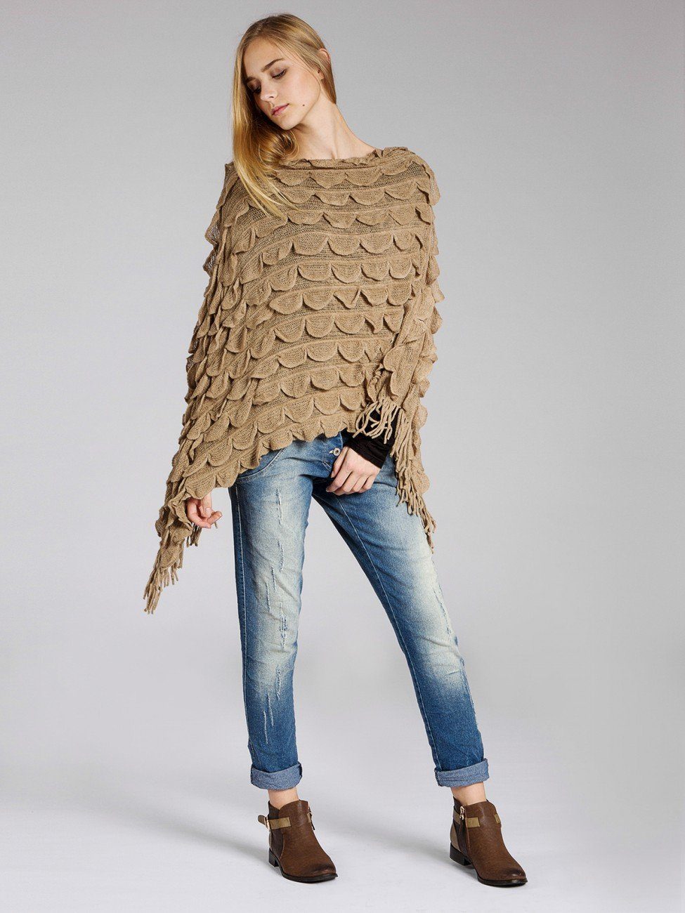 Caspar Poncho Caspar PON007 Damen Fransen Poncho günstig online kaufen