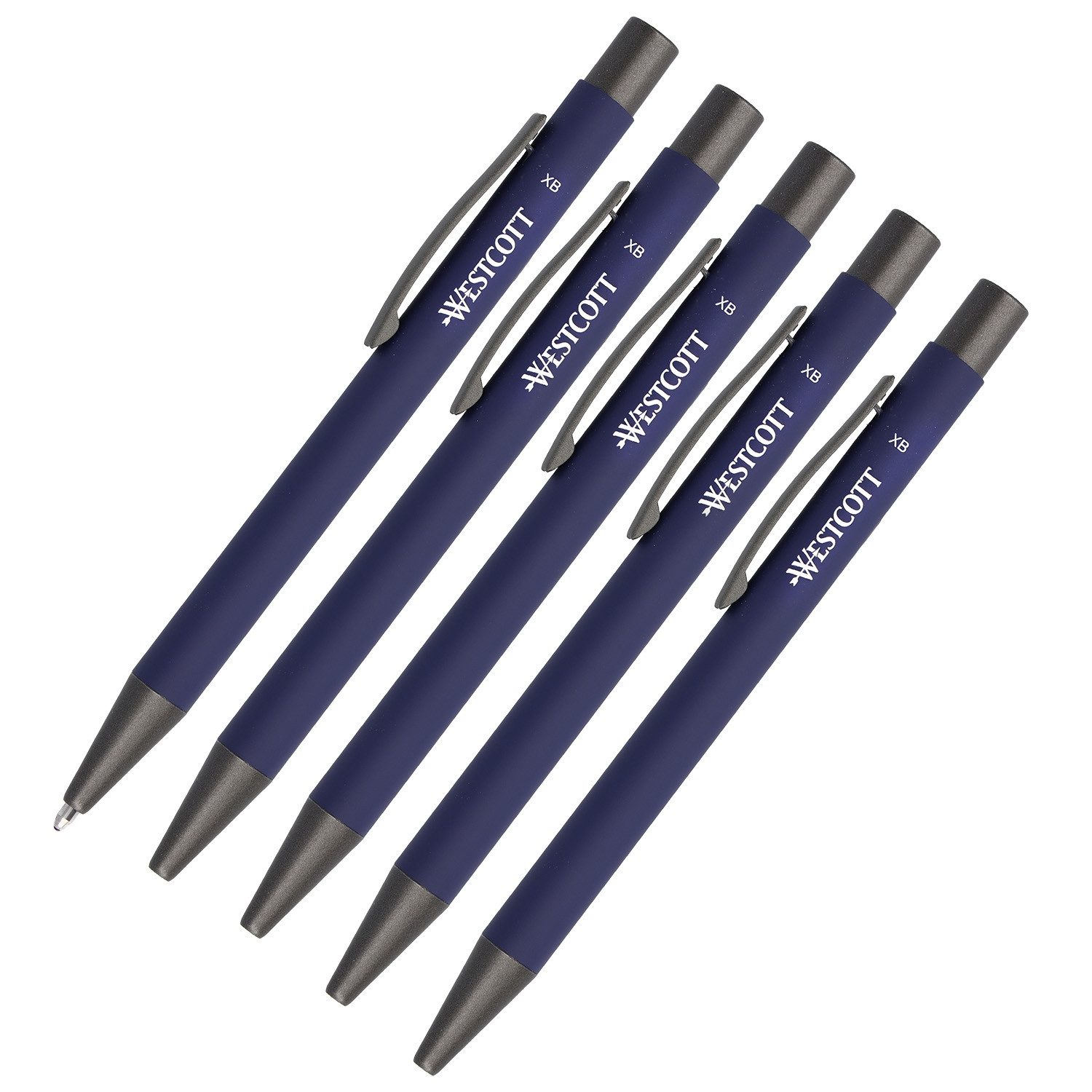 WESTCOTT Druckkugelschreiber Premium Kugelschreiber 5 Stück Blau, XB 1,4mm blaue Tinte, (Vorteilspack, 5-tlg), aus Aluminium, dokumentenecht