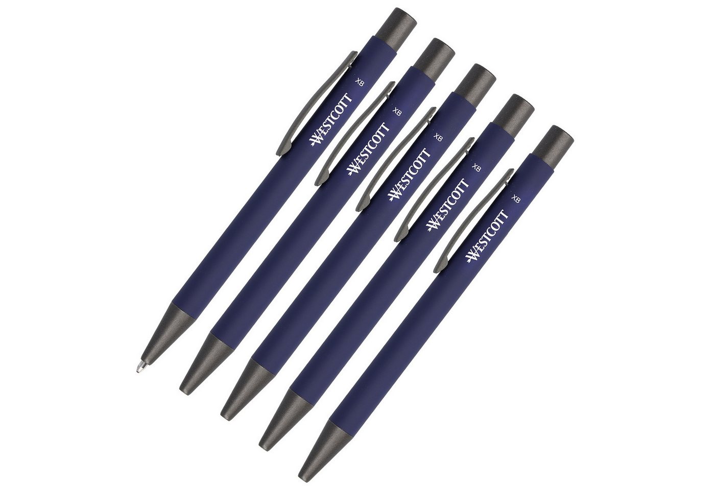 WESTCOTT Druckkugelschreiber Premium Kugelschreiber 5 Stück Blau, XB 1,4mm blaue Tinte, (Vorteilspack, 5-tlg), aus Aluminium, dokumentenecht