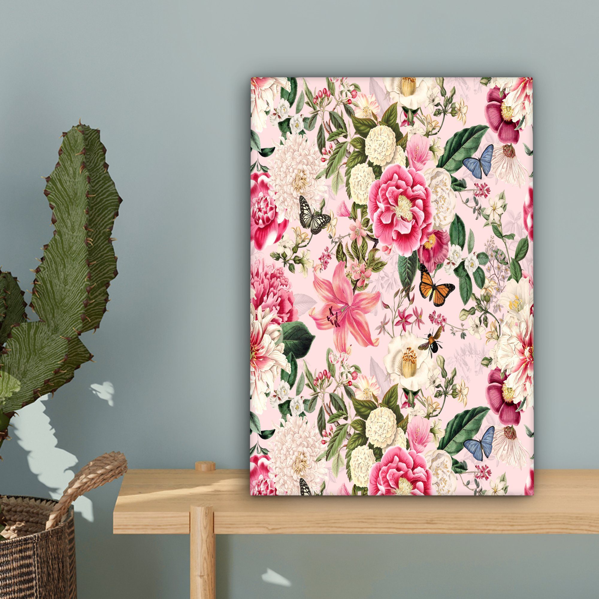 Blumen (1 Leinwandbild Gemälde, St), 20x30 - Zackenaufhänger, inkl. cm Hortensie, Leinwandbild bespannt OneMillionCanvasses® fertig Schmetterlinge -