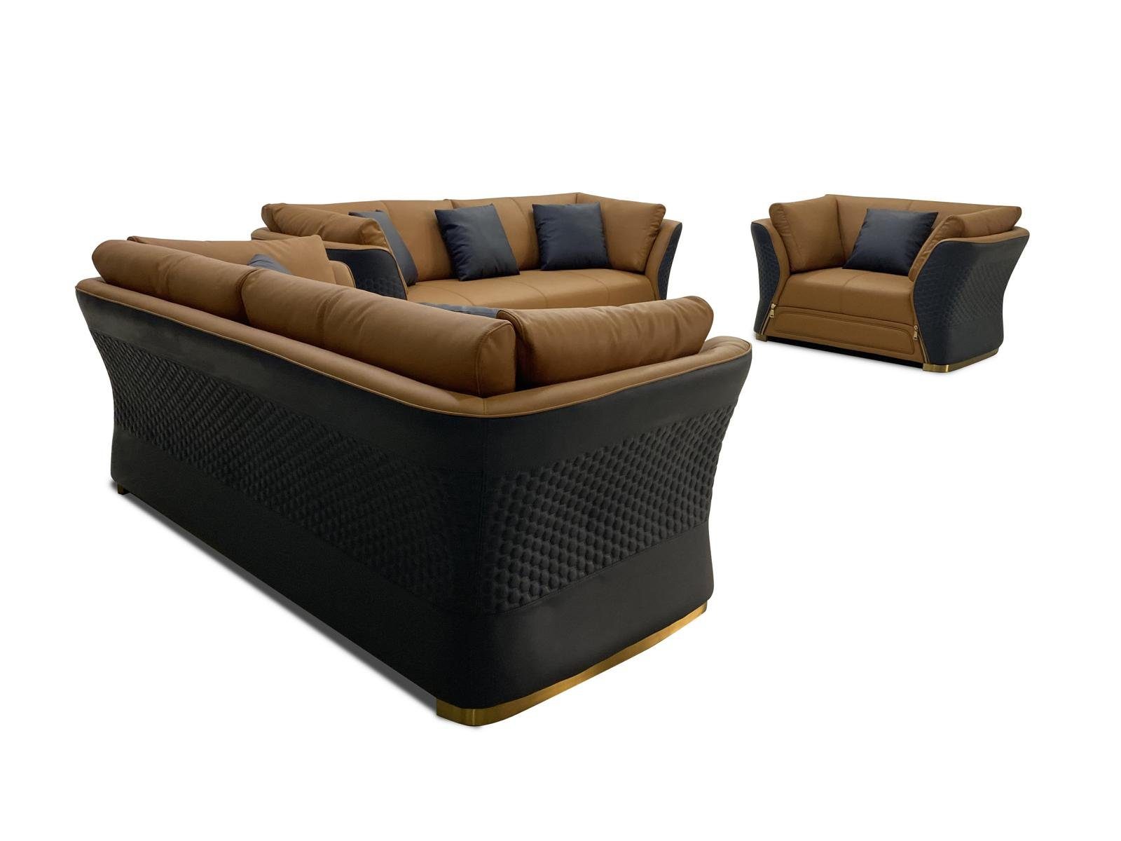 ledersofa sofagarnitur Wohnzimmer-Set, couch couchen sitzer 321 design JVmoebel Braun/Schwarz wohnlandschaft