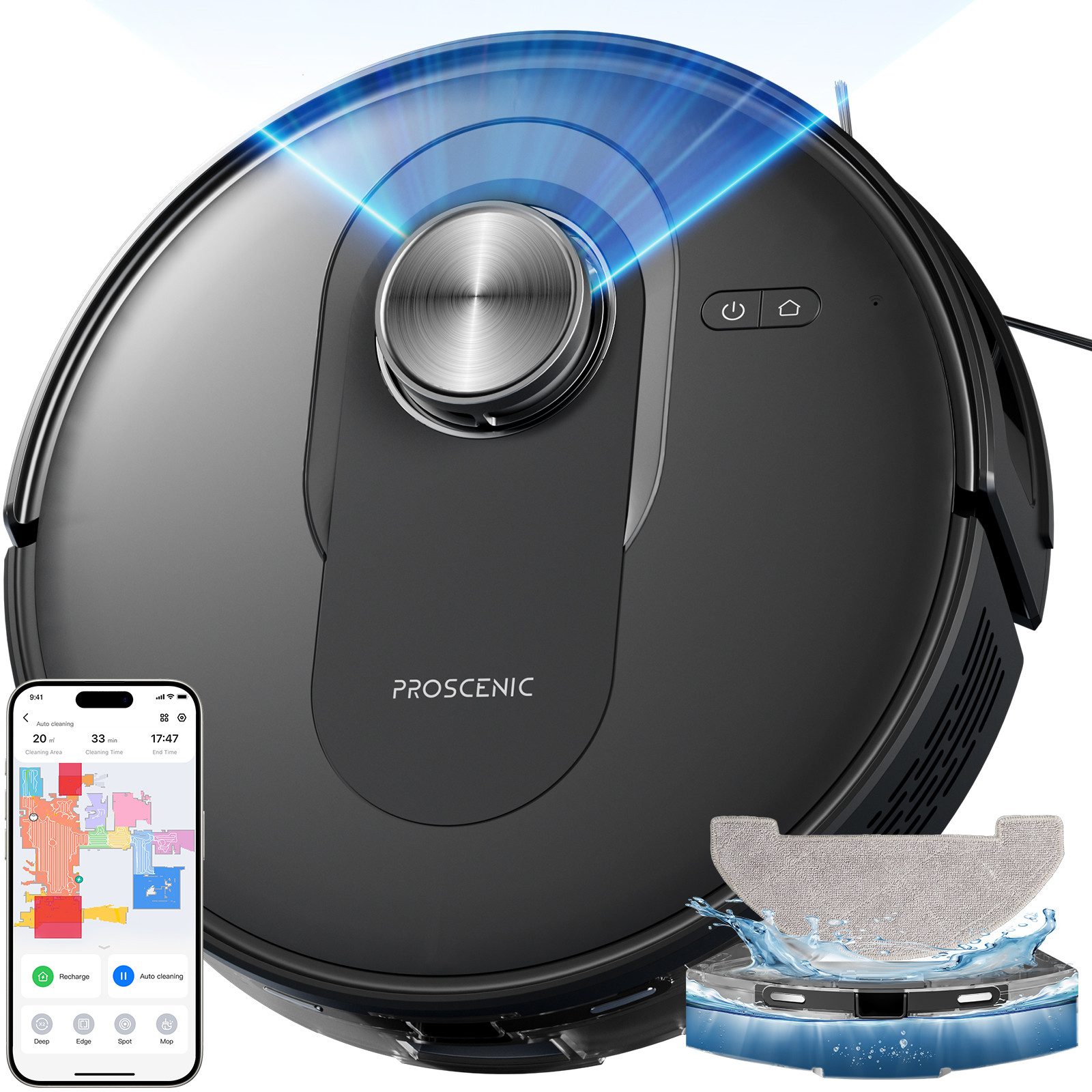 Proscenic Вакуумный робот Q8 6000Pa, 200 min, Leistungsstarke Lasernavigation, Staubbox, APP-Steuerung, Geeignet für Böden, Teppiche und Tierhaare