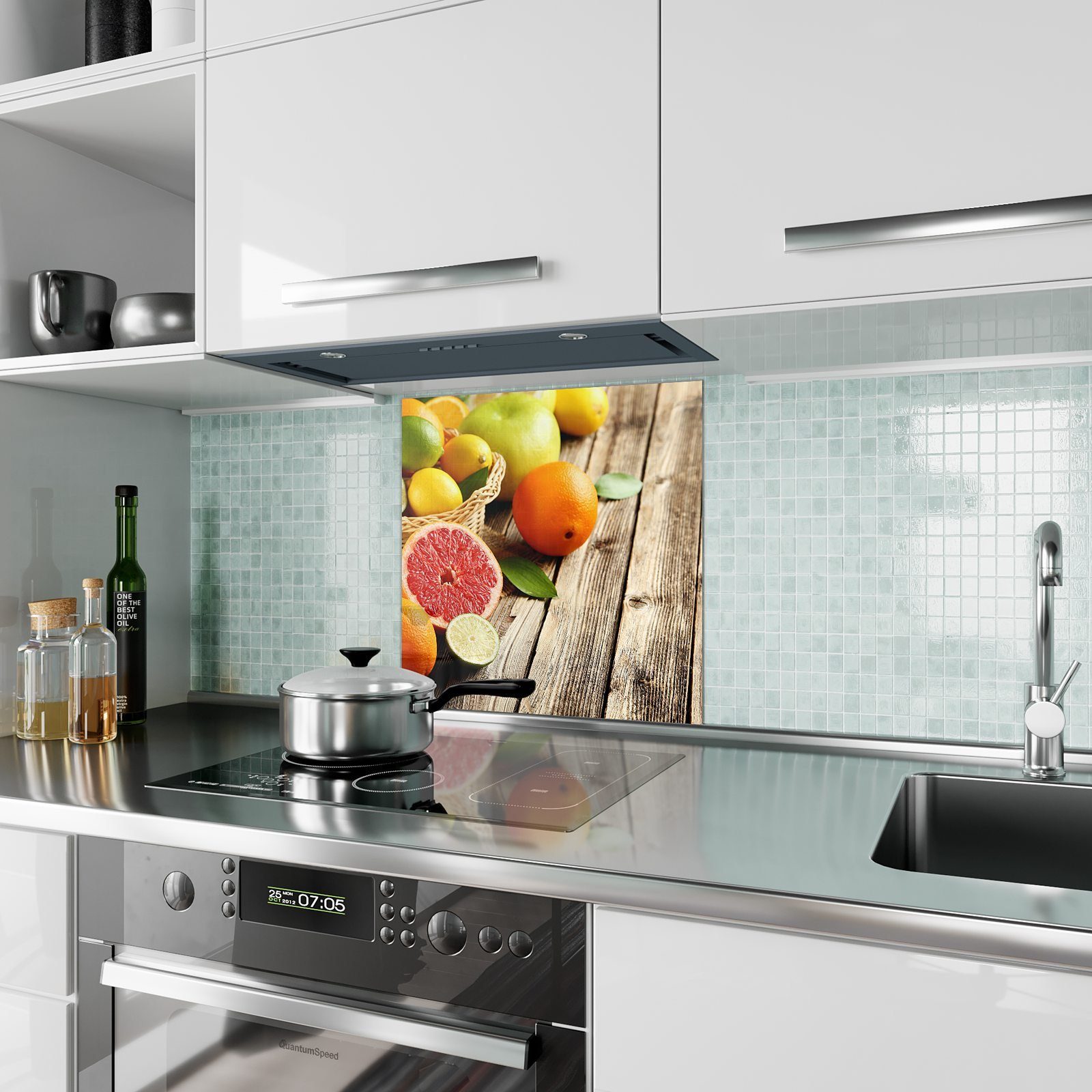 Glas Spritzschutz Küchenrückwand auf Zitrusfrüchte Küchenrückwand Motiv mit Primedeco Holztisch