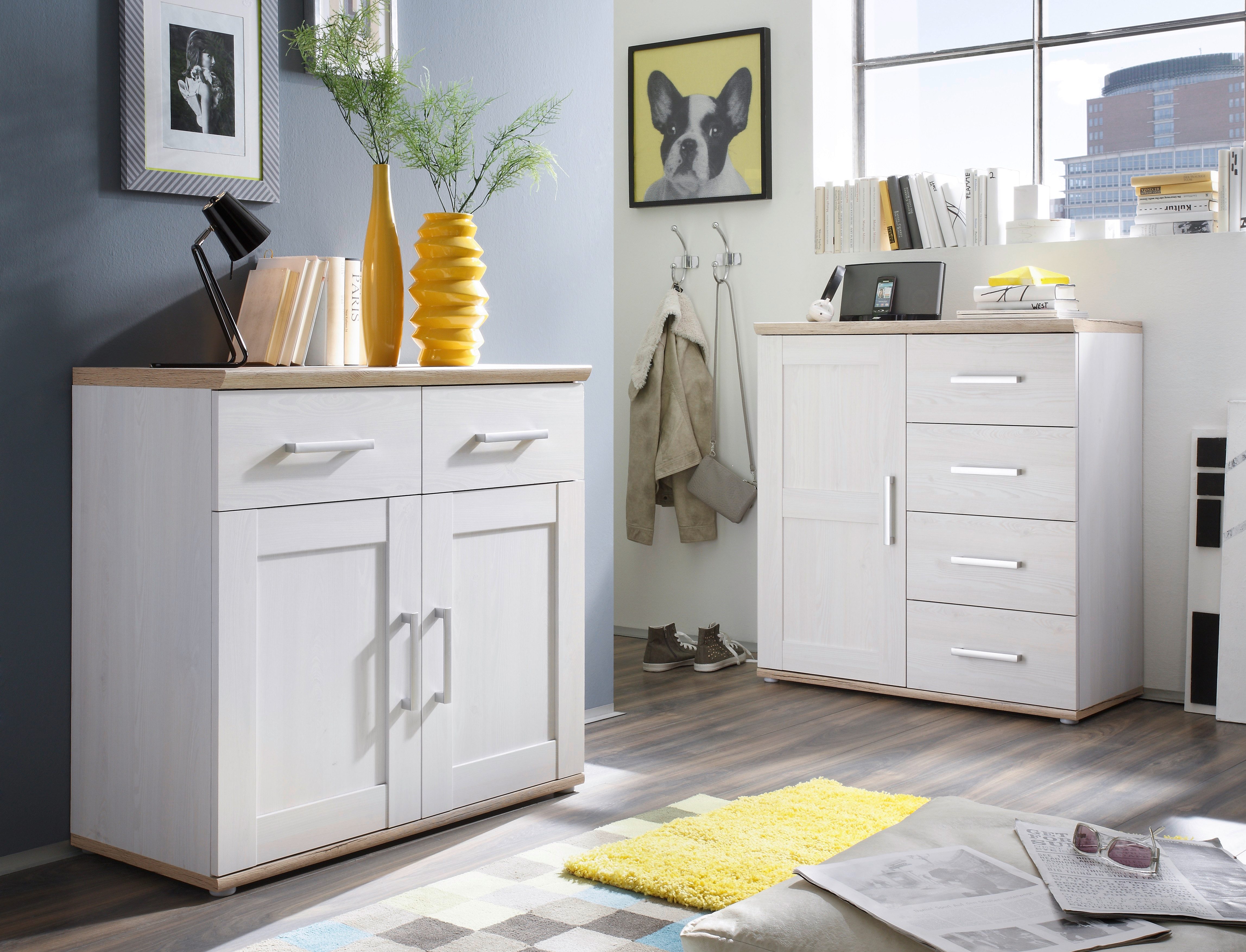 HBZ Kommode Romance im Landhaustil, BxHxT 93x88x45 cm, Schrank mit 2 Türen, 2 Schubkästen und 2 Einlegeböden