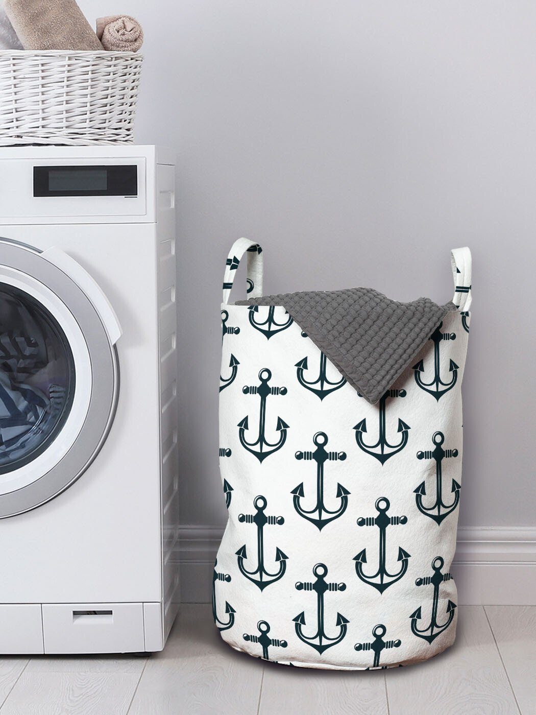 Nautisch mit Wäschesäckchen Anchors Griffen Waschsalons, Themed Oceanic Kordelzugverschluss für Wäschekorb Abakuhaus