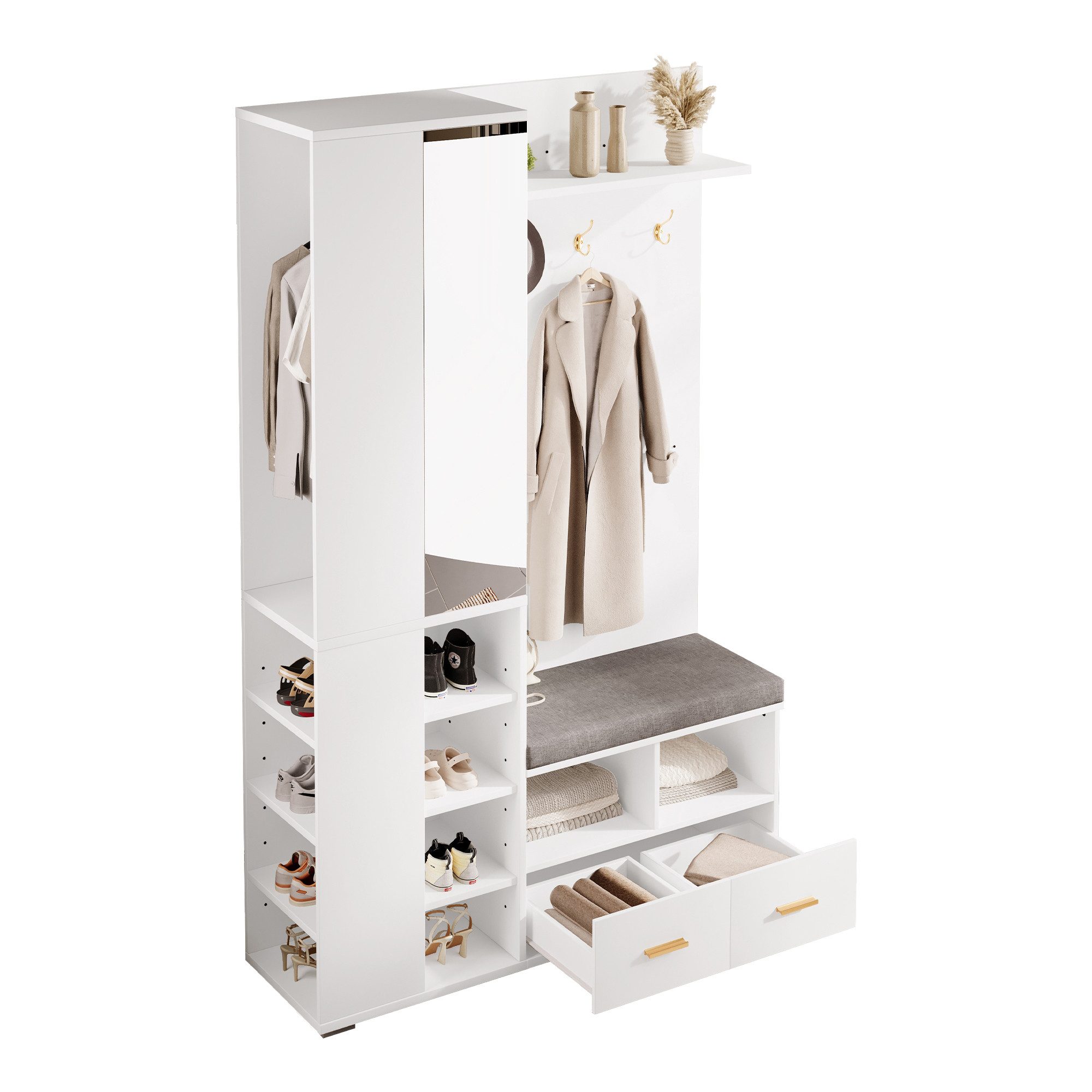 Refined Living Garderoben-Set Garderobenset mit Spiegel & Schuhbank, Wandgarderobe, Weiß, (Platzsparendes Design, Robuste Spanplatte, Melaminbeschichtung, B120/T35/H190 cm, 1-St., 2 Schubladen, Ablagefach, Spiegel, Kleiderstange, Schuhbank, 3 Haken), Platzsparende Lösung, Ideal für Flur / Diele, Funktional & Stylisch