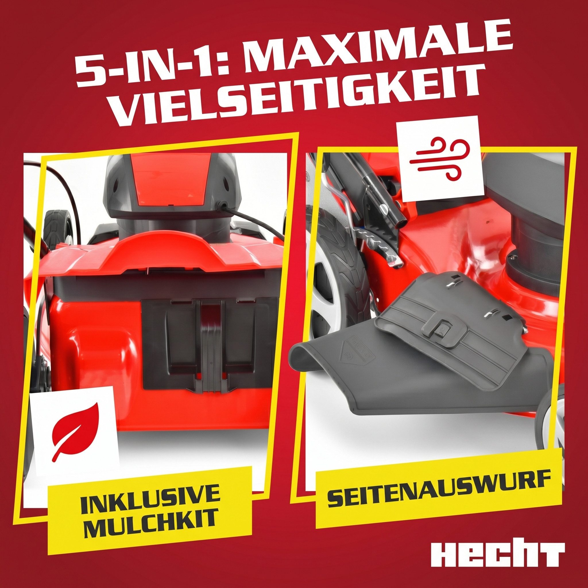 Hecht Elektrorasenmäher mit Radantrieb 1800 W 5in1 50 Liter Fangkorb, 46 cm Schnittbreite, Schnitthöhenverstellung - Mulchkit - 3,3 km/h