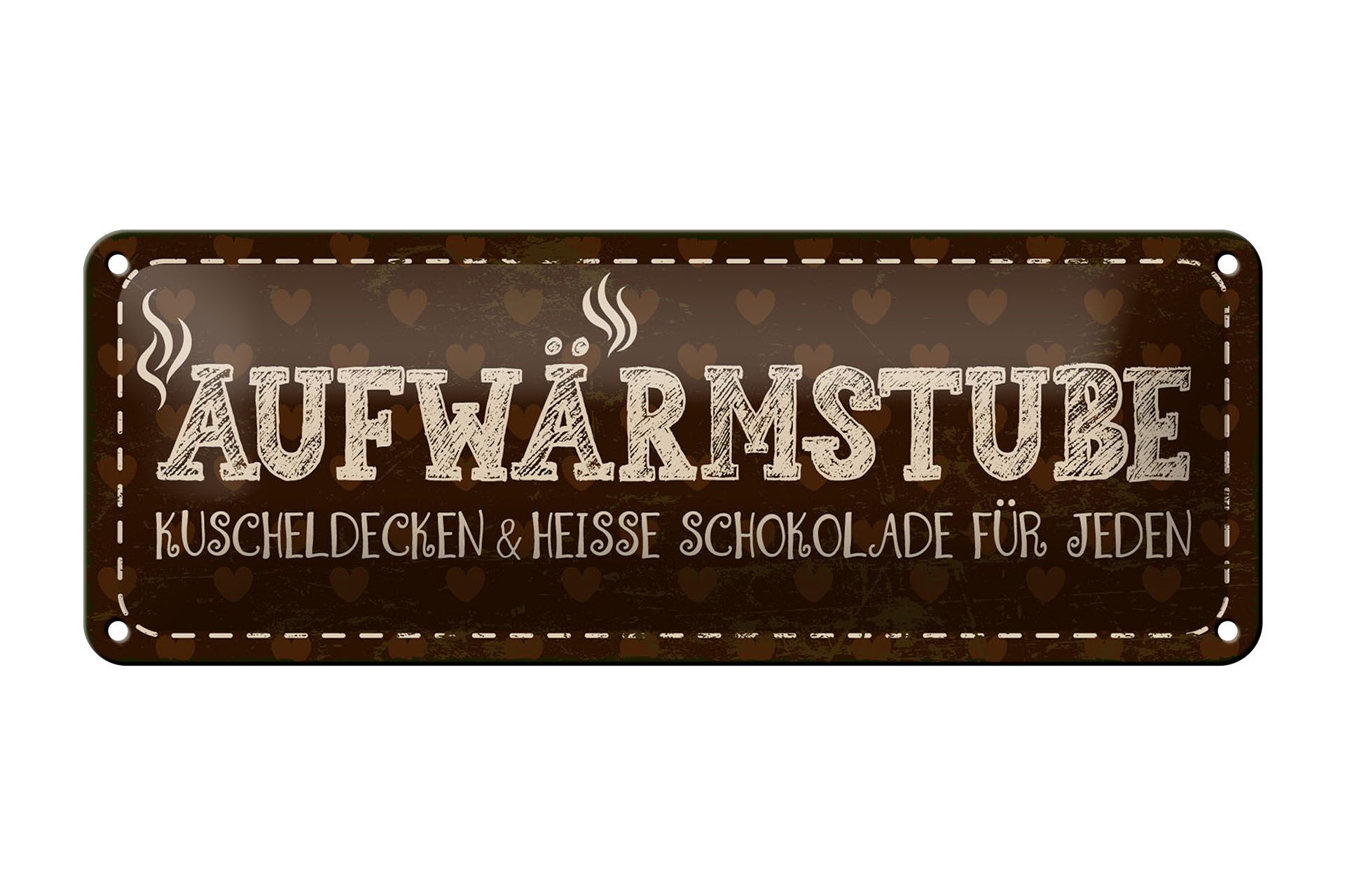 Femer GmbH Metallschild Spruch 27x10 cm Aufwärmstube Kuscheldecken und Heiße Schoko, (1 St), gewölbte Oberfläche, abgerundete Ecken, umgeschlagene Kanten