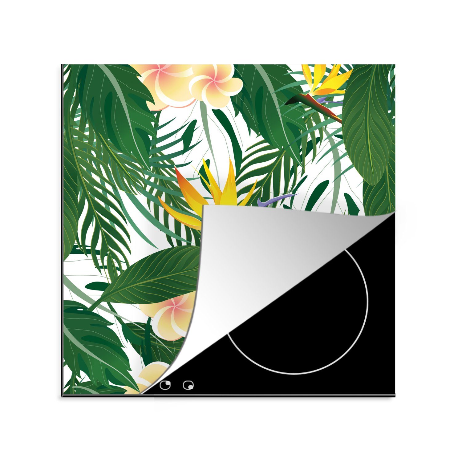 MuchoWow Herdblende-/Abdeckplatte Blätter - Blüten - Paradiesvogelpflanze, Vinyl, (1 tlg), 78x78 cm, Ceranfeldabdeckung, Arbeitsplatte für küche