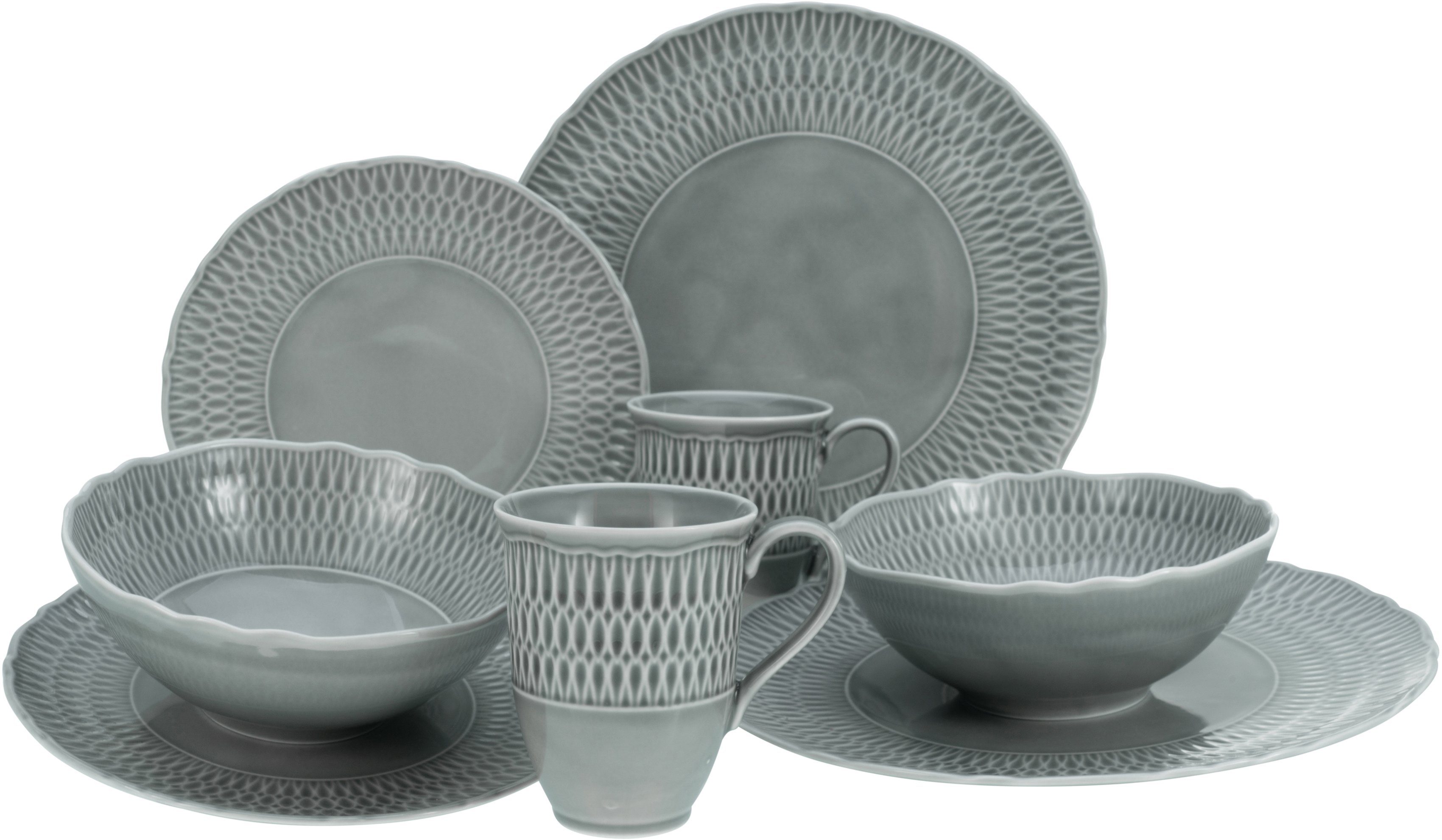 CreaTable Kombiservice Geschirr-Set Sofia (8-tlg), 2 Personen, Porzellan, Service, klassisch elegantes Relief, 8 Teile, für 2 Personen