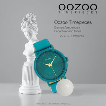 OOZOO Quarzuhr Oozoo Damen Armbanduhr türkis, Damenuhr rund, groß (ca. 42mm) Lederarmband, Fashion-Style