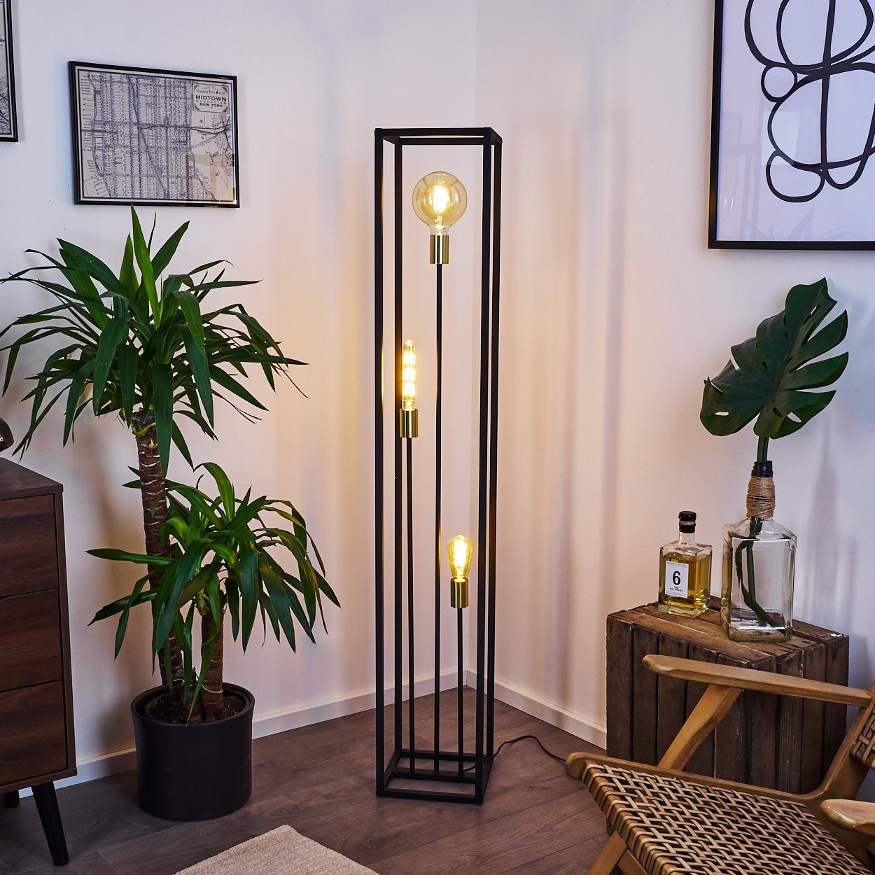 hofstein Stehlampe »Avola« Stehleuchte Bodenlampe aus Metall in Schwarz und Messingfarben, ohne Leuchtmittel, Industrial Look Standlampe mit Lichteffekt, E27, Fußschalter am Kabel