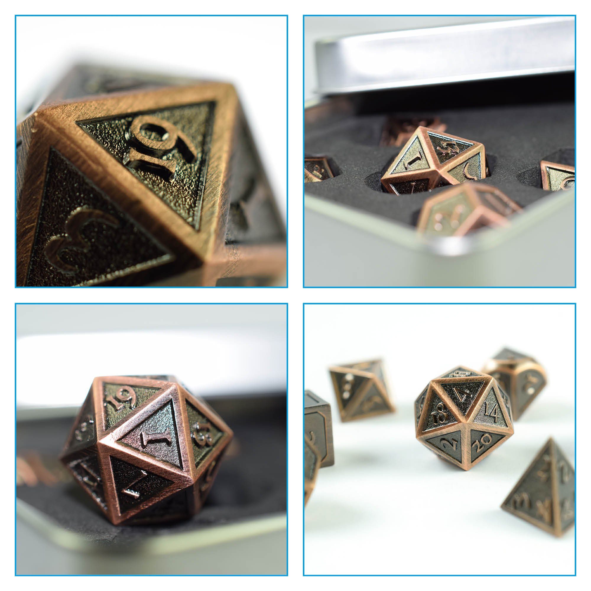 SHIBBY Spielesammlung, 7 Aufbewahrungsbox Steampunk polyedrische Bronze in inkl. Metall-DND-Würfel Optik