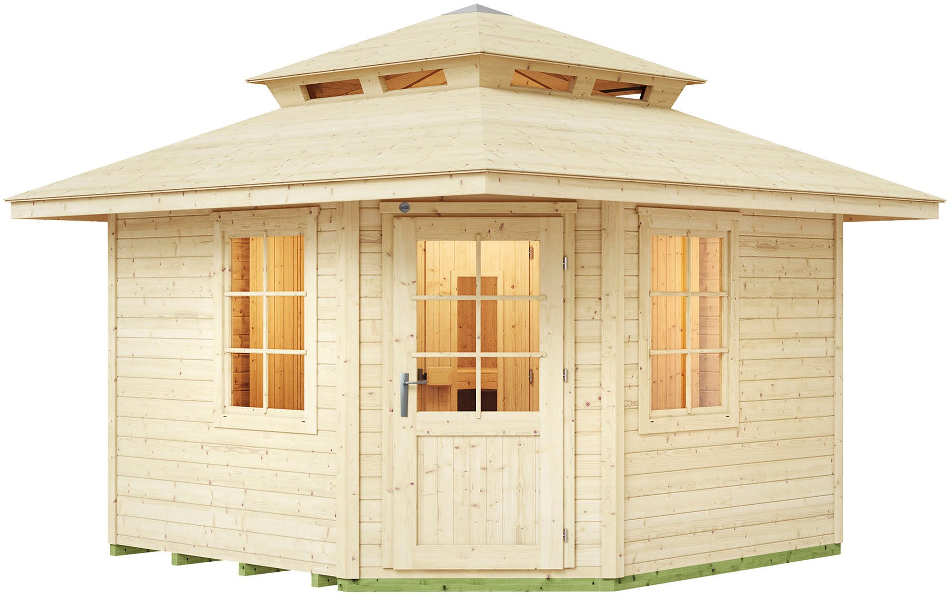 weka Saunahaus Kurikka, BxTxH: 380 x 380 x 315 cm, 28 mm, mit Blockbohlen und Massivholz-Zeltdach