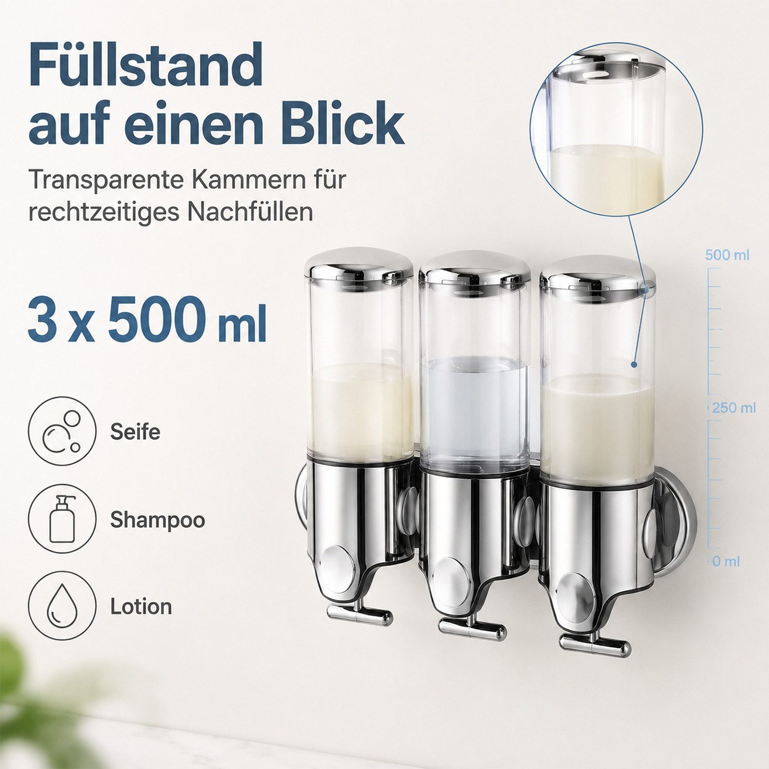 HEYHIPPO Seifenspender Wandseifenspender mit manuellem Druck – 3×500 ml, ABS & Edelstahl, (Lotion-Spender mit transparentem Sichtfenster 31,5×25,5×10,5 cm), 3-K – Bild 5 von 5