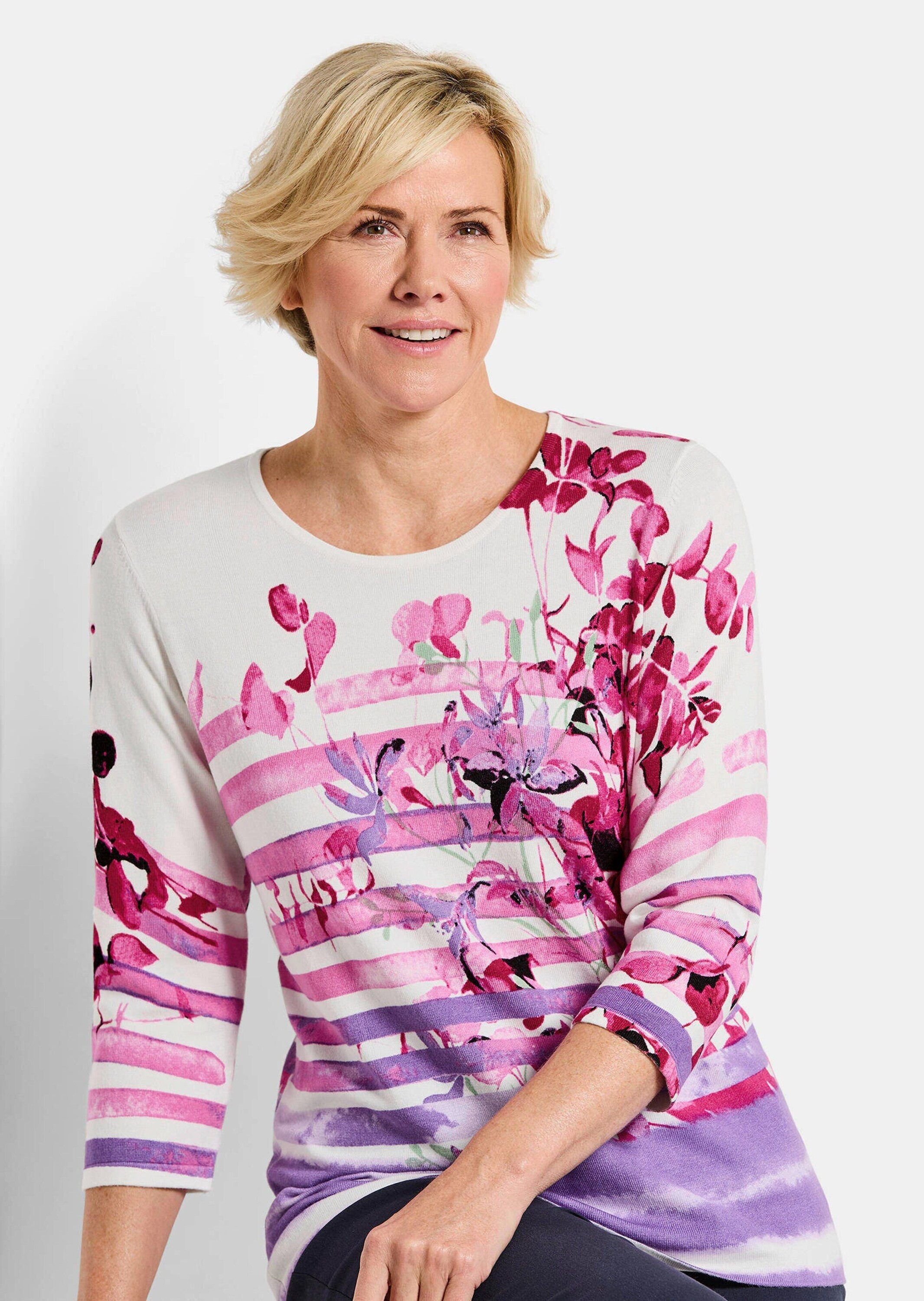 GOLDNER Strickpullover Florales Viskoseshirt mit Streifen Streifenpullover mit Rundhalsausschnitt und 3/4-Arm