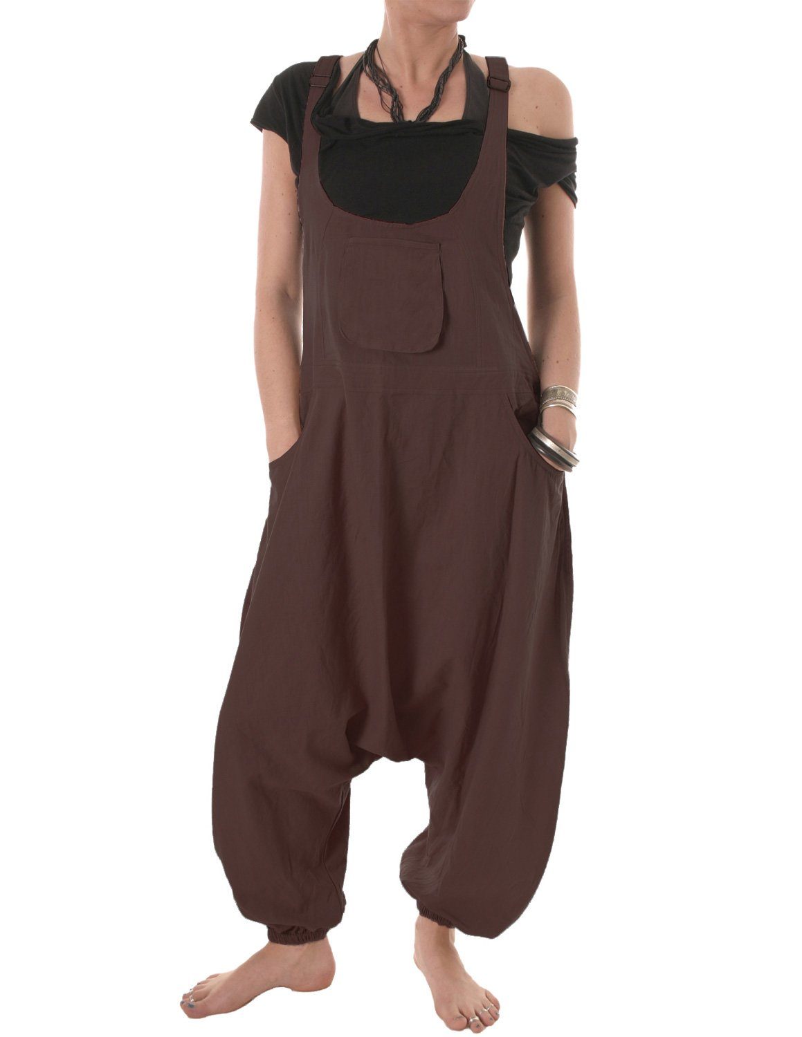 Vishes Latzhose Damen Sommer Hose Haremshose Overall Baumwolle bequem zu tragen, Hippie, Goa, einfarbig braun