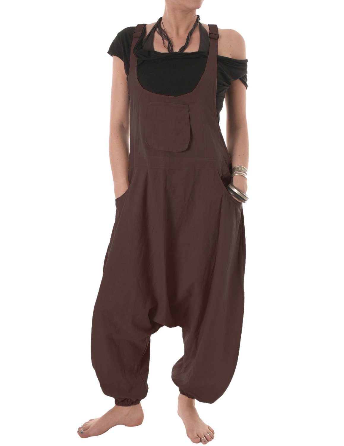 Vishes Latzhose Damen Sommer Hose tragen, braun zu bequem Goa, Hippie, einfarbig Haremshose Baumwolle Overall