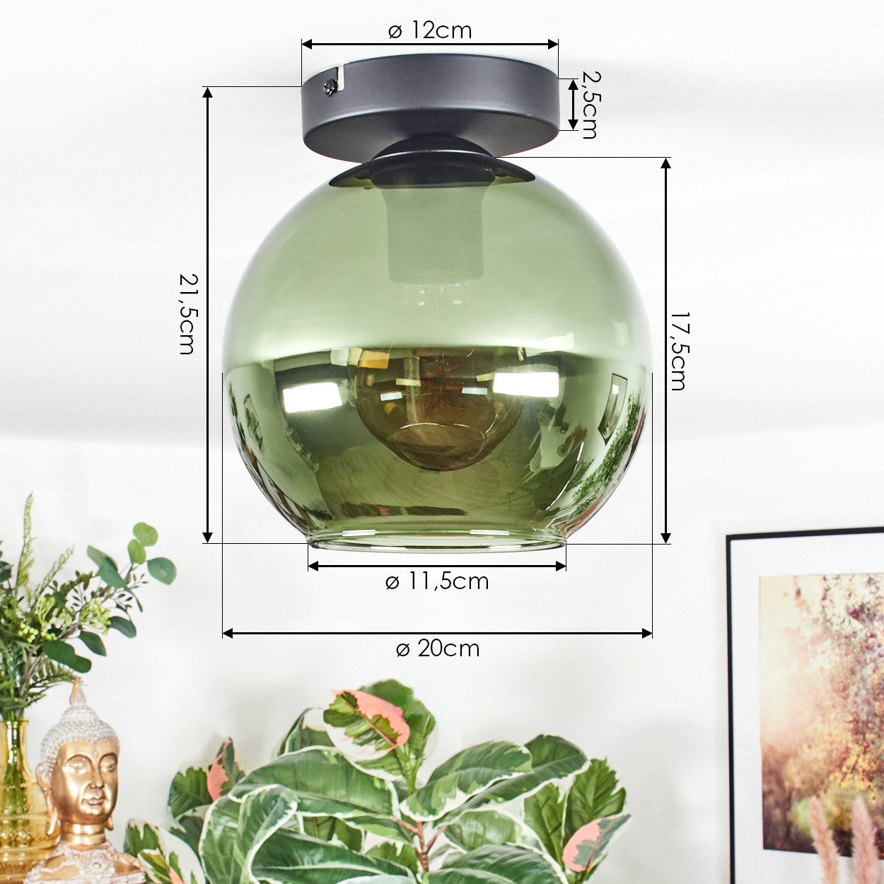 hofstein Deckenleuchte Deckenlampe aus Metall/Glas in Schwarz/Grün, Deckenleuchte im modernen Vintage-Design (Schirm Ø 20 cm), 1 x E27 – Bild 4 von 5