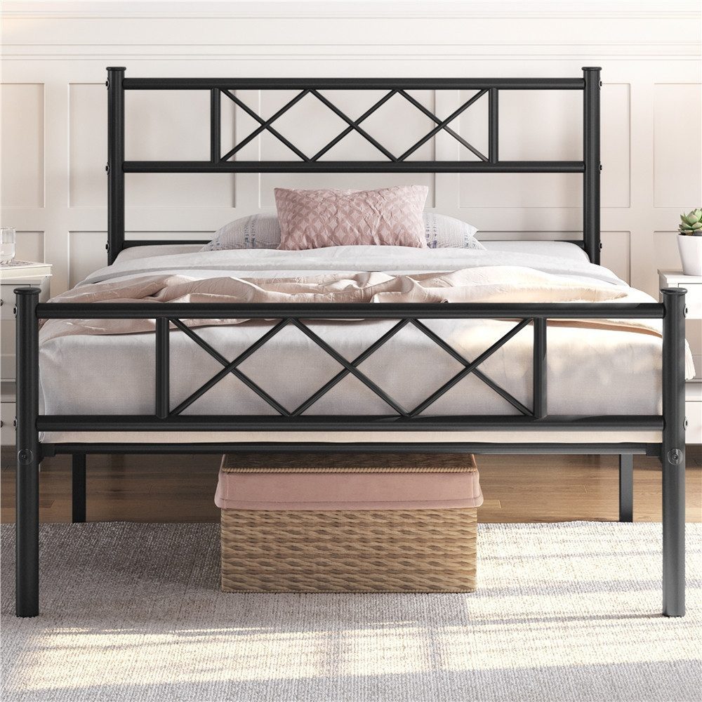 Yaheetech Bettgestell Metallbett mit Lattenrost, Bettrahmen mit Kopfteil, für Schlafzimmer, 90/140 cm (B)