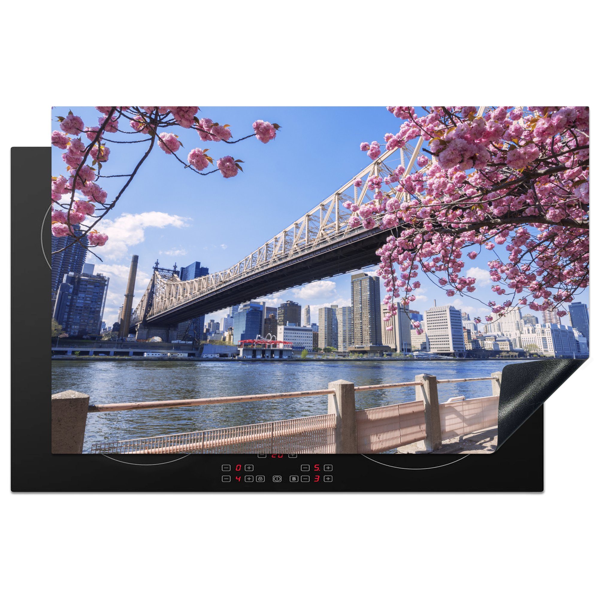 MuchoWow Herdblende-/Abdeckplatte Sakura-Baum in Manhattan, Vinyl, (1 tlg), 81x52 cm, Induktionskochfeld Schutz für die küche, Ceranfeldabdeckung | Herdabdeckplatten