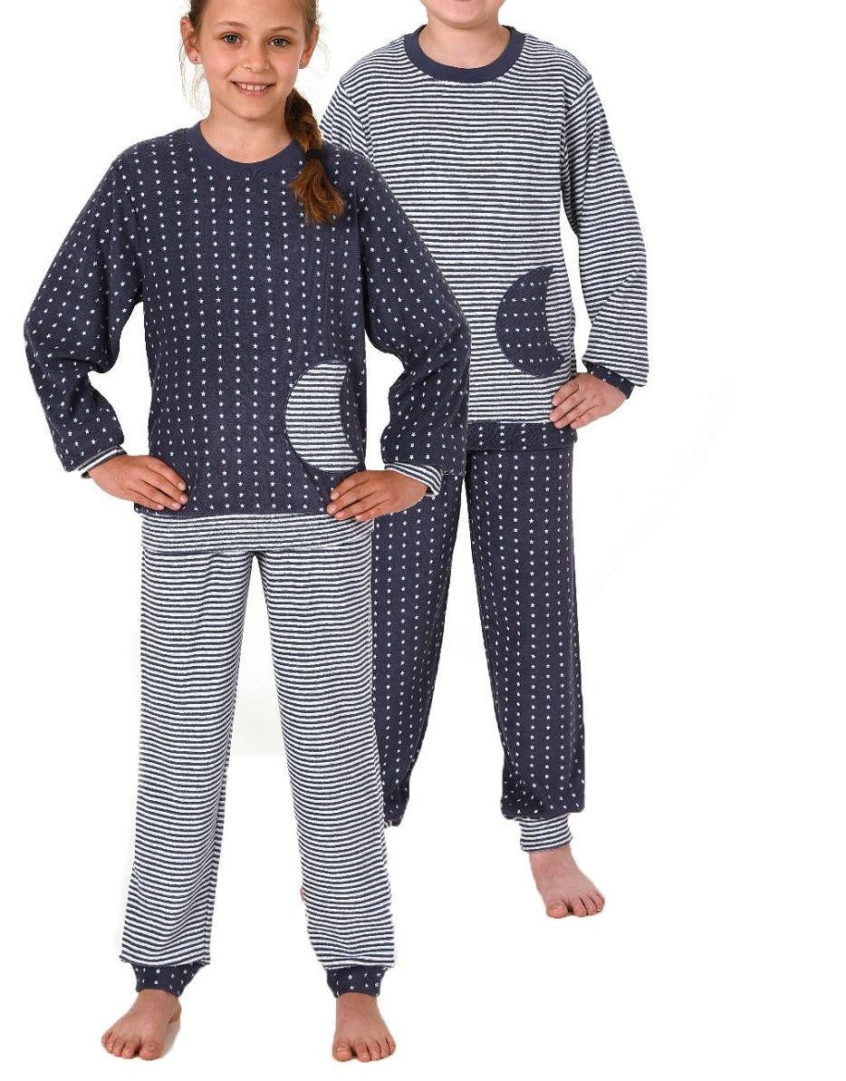 Normann Pyjama Jungen Frottee Pyjama mit Bündchen, warmer Schlafanzug in Ringeloptik