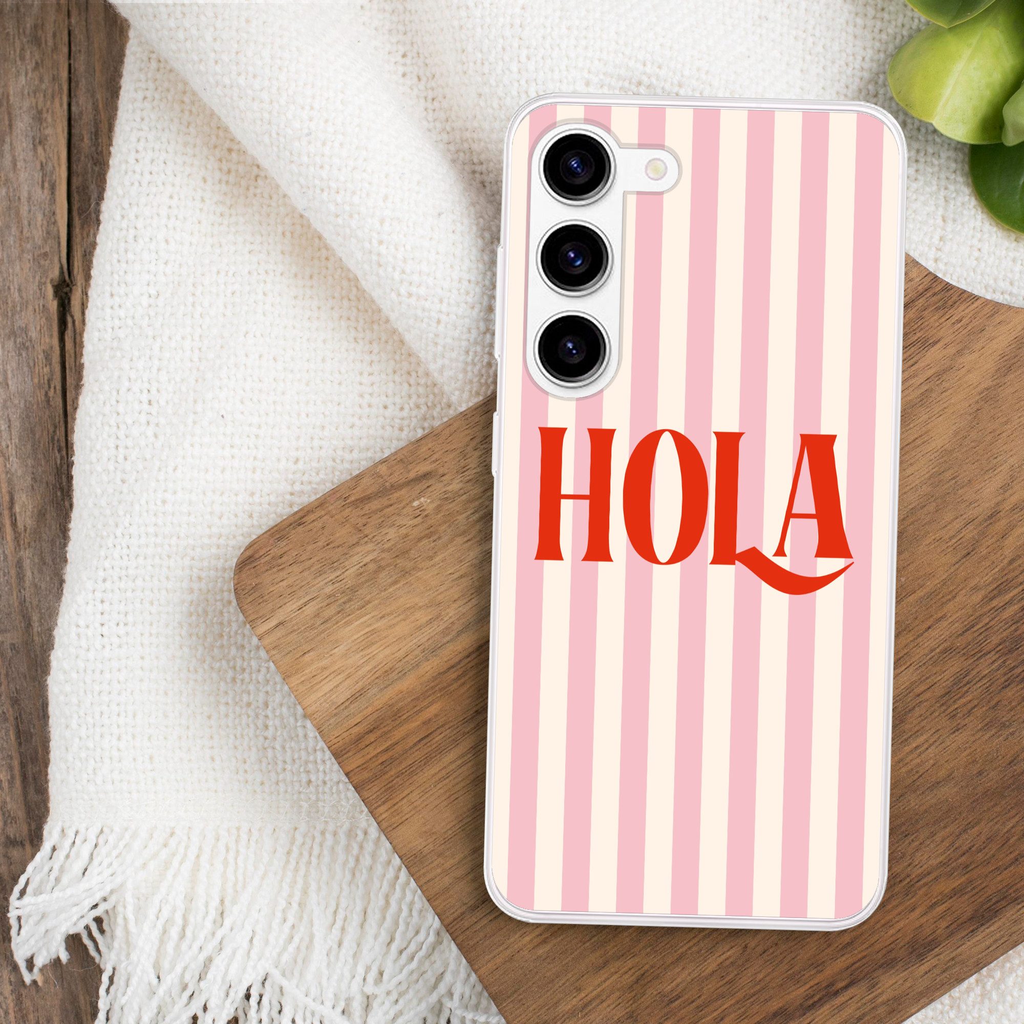 MuchoWow Handyhülle für Samsung Galaxy S23 Hola - Zitat - Streifen - Pastell - Rosa - Rot, Phone Case, Silikon, Schutzhülle Dünn