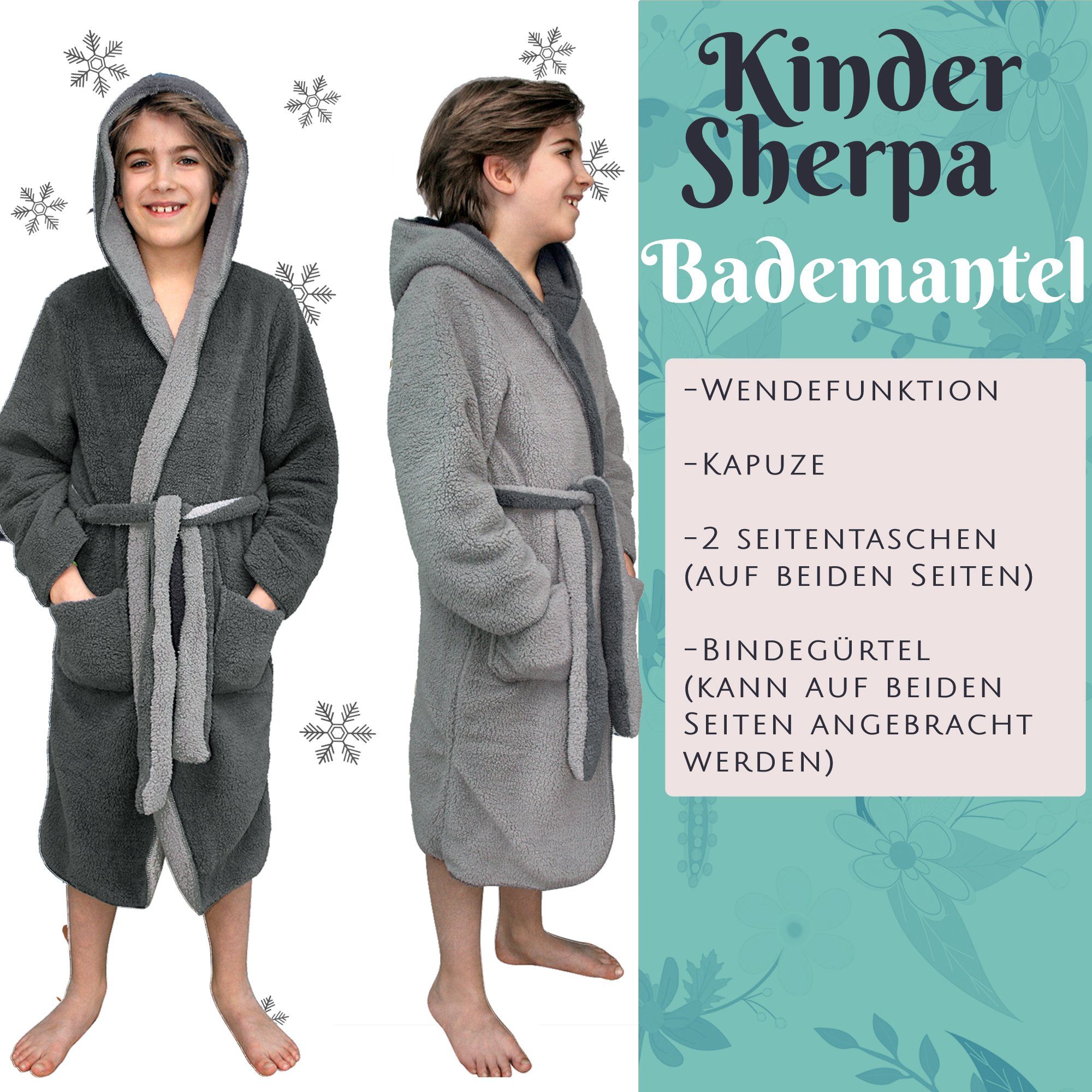 - Sherpa Kinderbademantel Polyester für Kinder - Schwarz Bademantel HOMELEVEL Kuschelfleece Wende-Design,