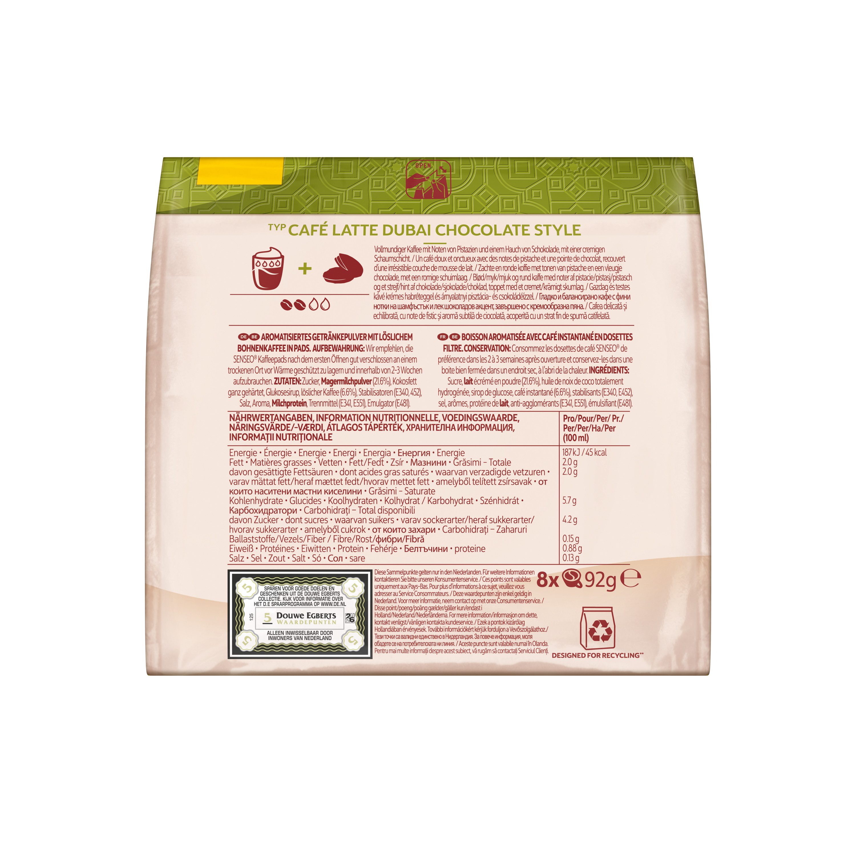 Senseo Kaffee Café Latte Dubai Chocolate Style 64 Getränke Schoko/Pistaziengeschmack, 736 g, Vollmundige Pistazie trifft zarte Schokolade. Dubai-Flavor.