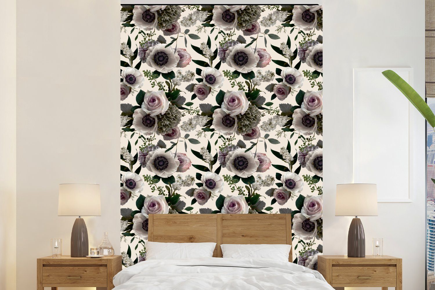 MuchoWow Fototapete Blumen - Muster - Anemone, Matt, bedruckt, (3 St), Montagefertig Vinyl Tapete für Wohnzimmer, Wandtapete
