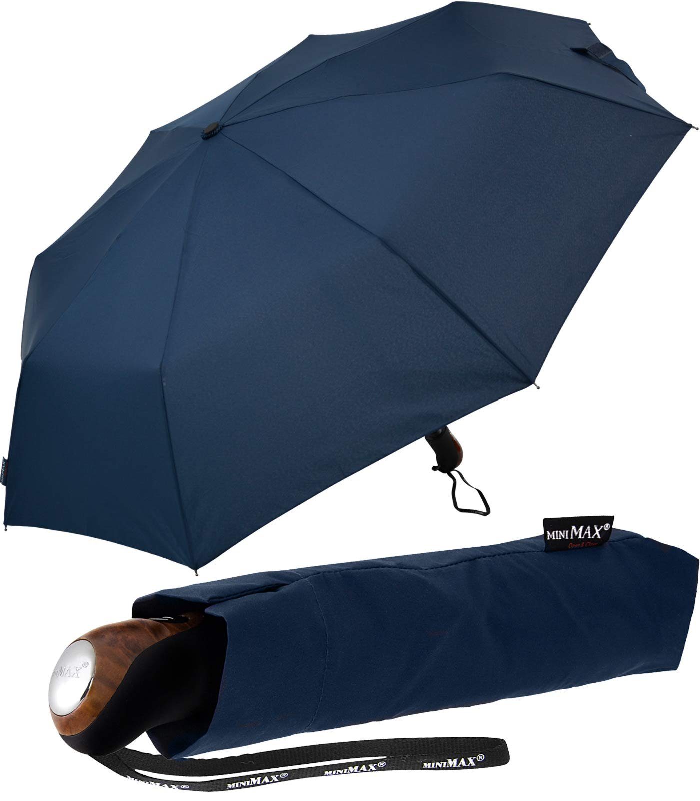 zuverlässige Taschenregenschirm Knaufgriff in navy Holzoptik, Impliva der für Begleiter Herren Auf-Zu-Automatik miniMAX® den
