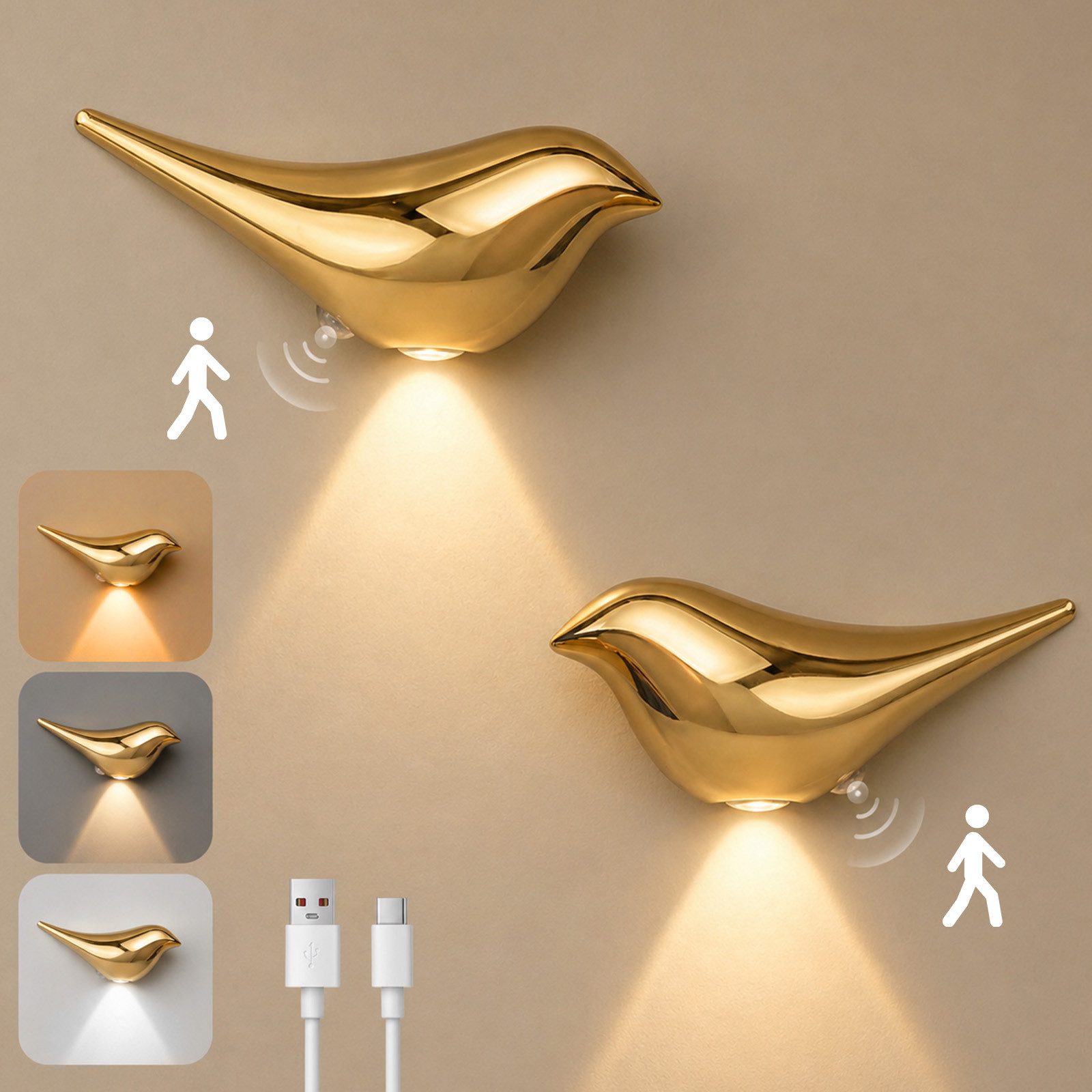 Lapalife LED Wandleuchte Akku Vogel-Wandleuchte Innen, Wandlampe Mit Bewegungsmelder, 3 Farben, 2er Pack, Kabellos Magnetisch, für Kinderzimmer Flur Treppe Dekoration