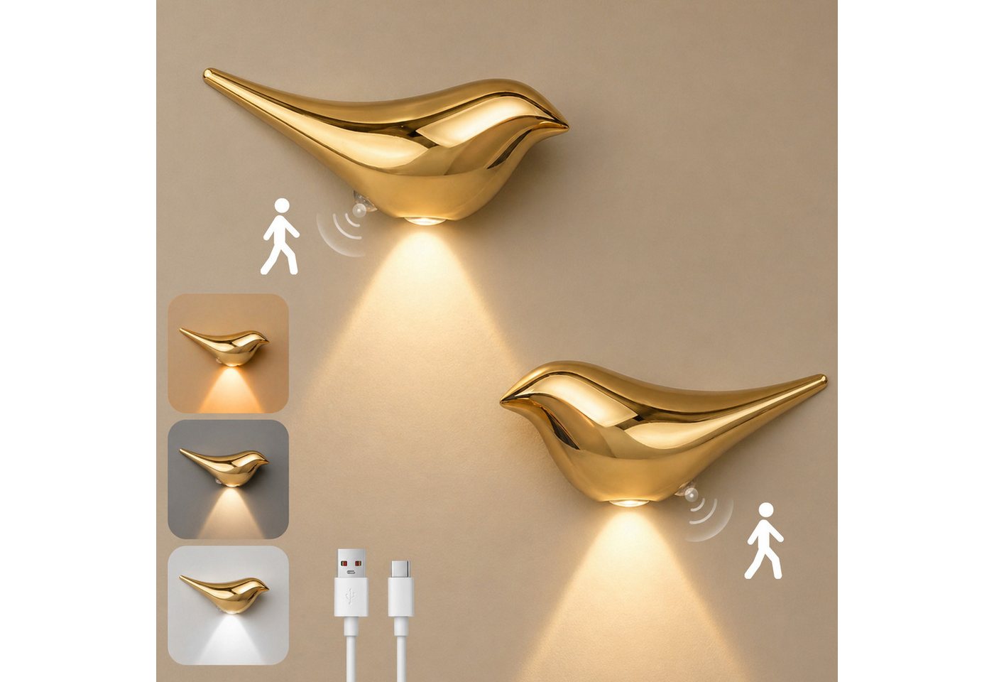 Lapalife LED Wandleuchte Akku Vogel-Wandleuchte Innen, Wandlampe Mit Bewegungsmelder, 3 Farben, 2er Pack, Kabellos Magnetisch, für Kinderzimmer Flur Treppe Dekoration