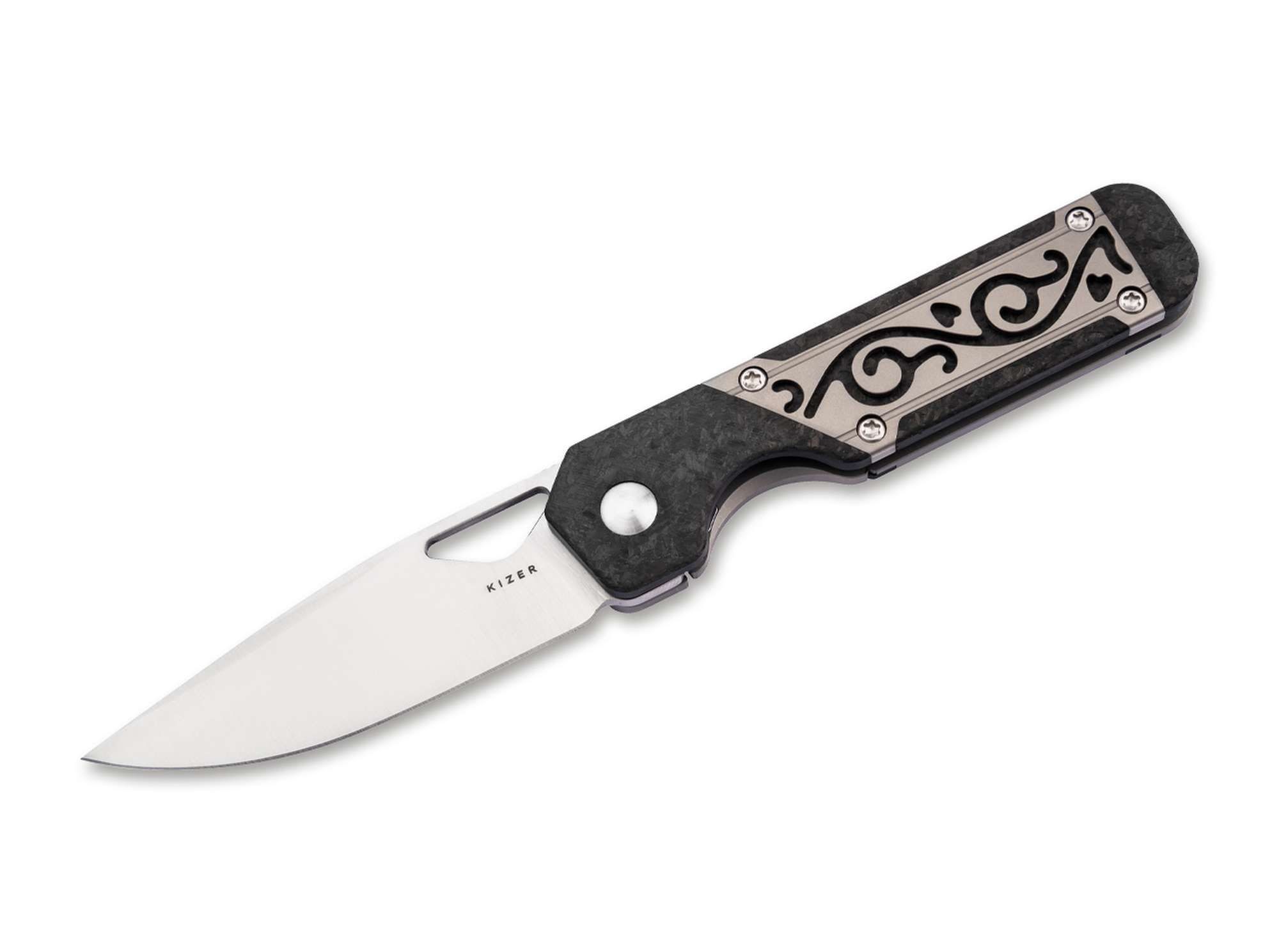 Kizer Taschenmesser Kizer Mini Militaw Titanium CF Milled Vine Window Grille