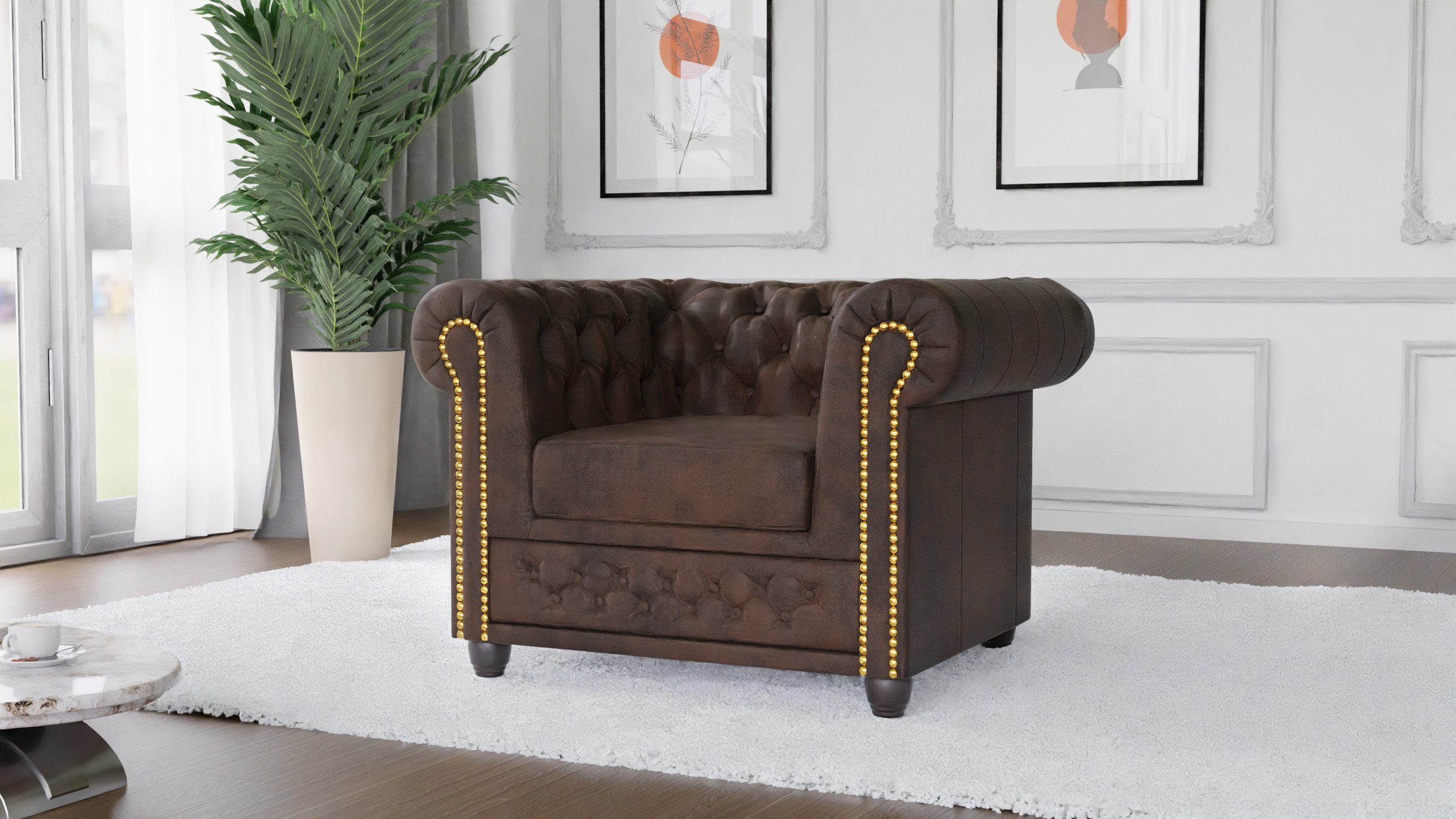 S-Style Möbel Chesterfield-Sessel Anton aus Vintage Optik Microfaser mit Holzfüßen (Chesterfield Sessel), mit Wellenfederung